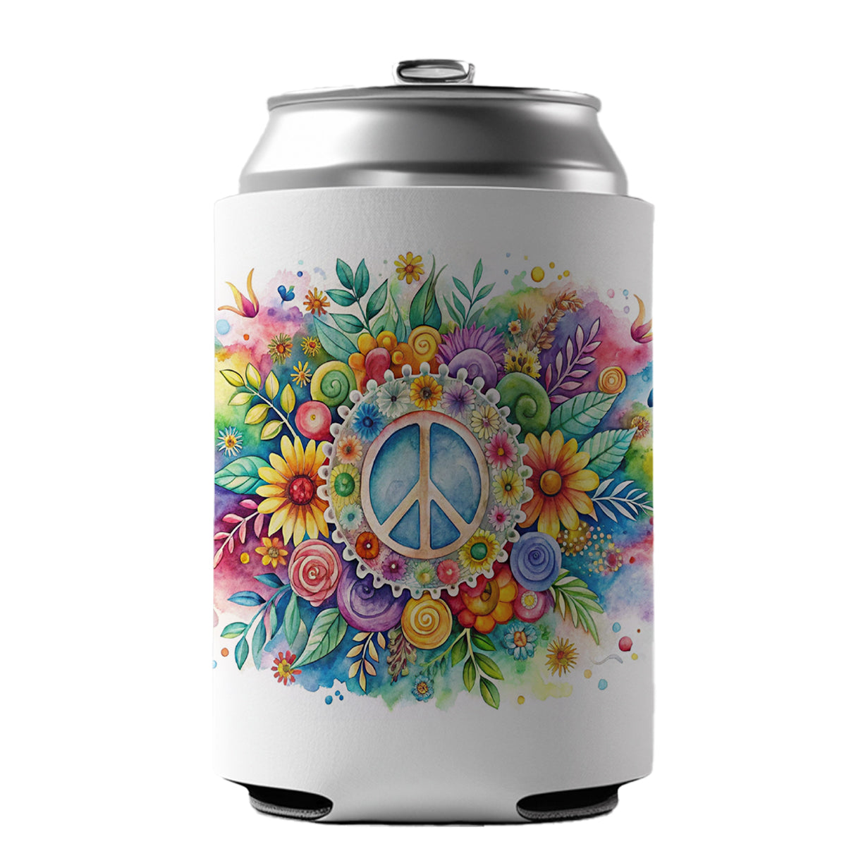 Hippie Peace Symbol Watercolor Can Cooler Beer Soda Drink Insulated Holder Sleeve Hugger