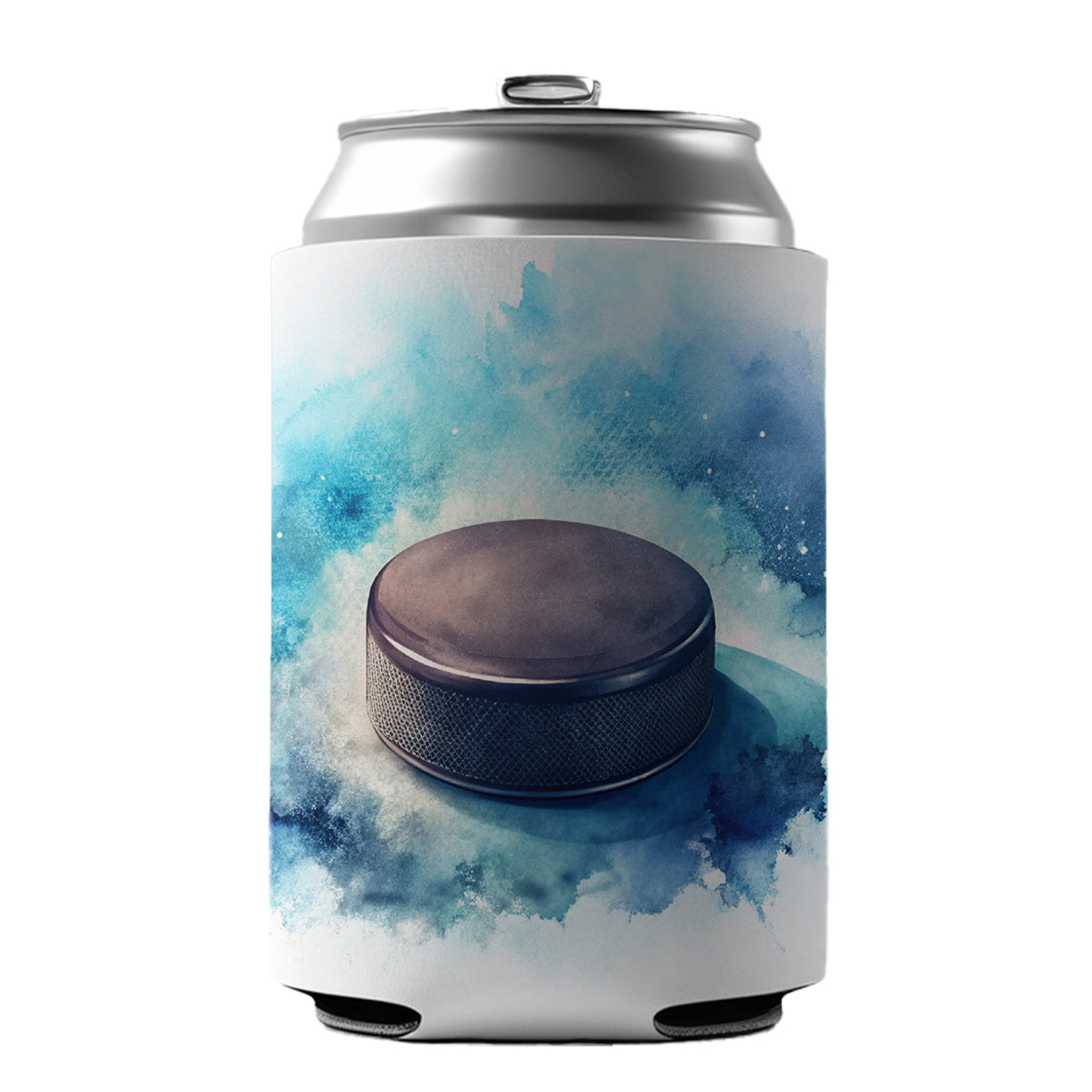 Hockey Puck On Ice Watercolor Can Cooler Beer Soda Drink Insulated Holder Sleeve Hugger