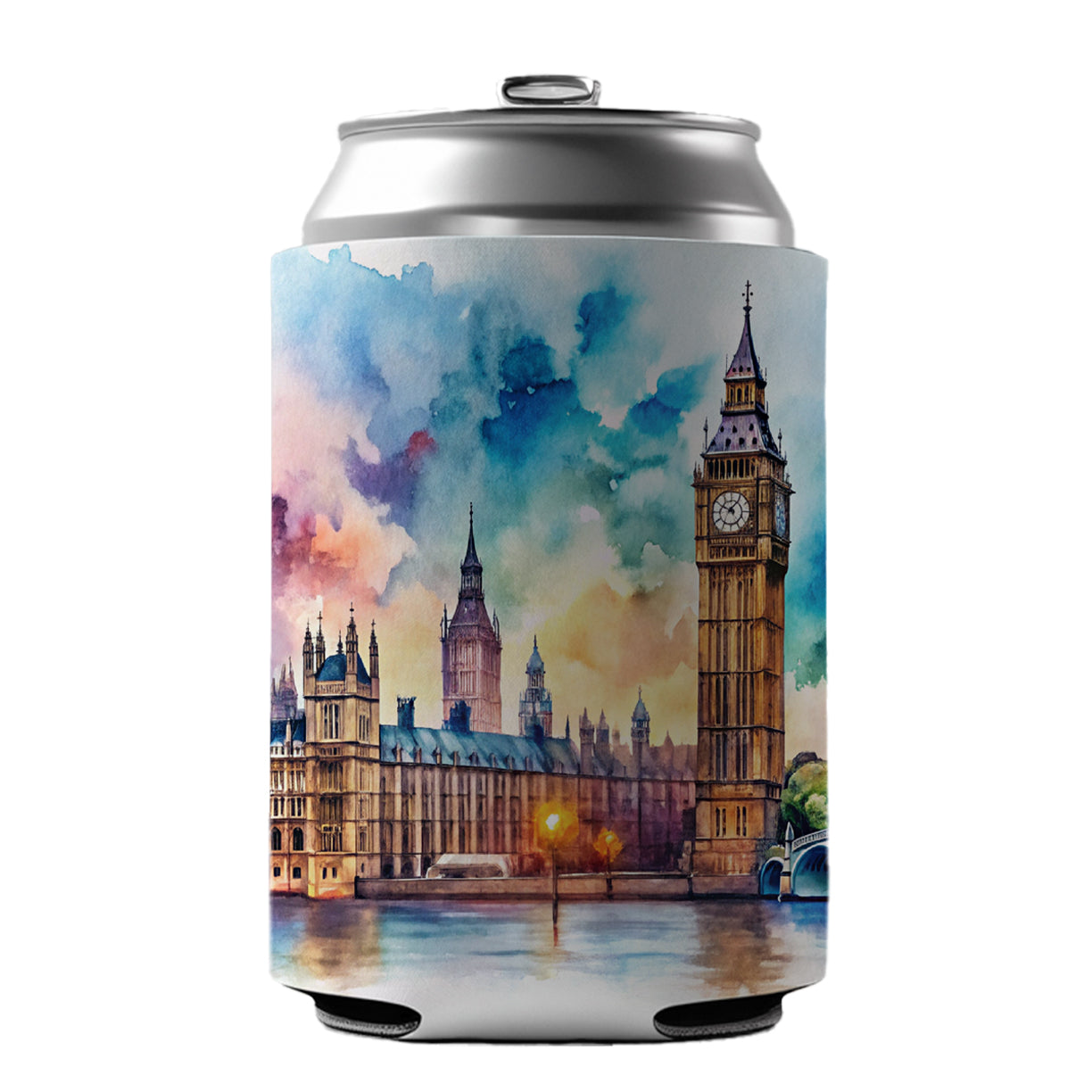 London Big Ben Scene Watercolor Can Cooler Beer Soda Drink Insulated Holder Sleeve Hugger