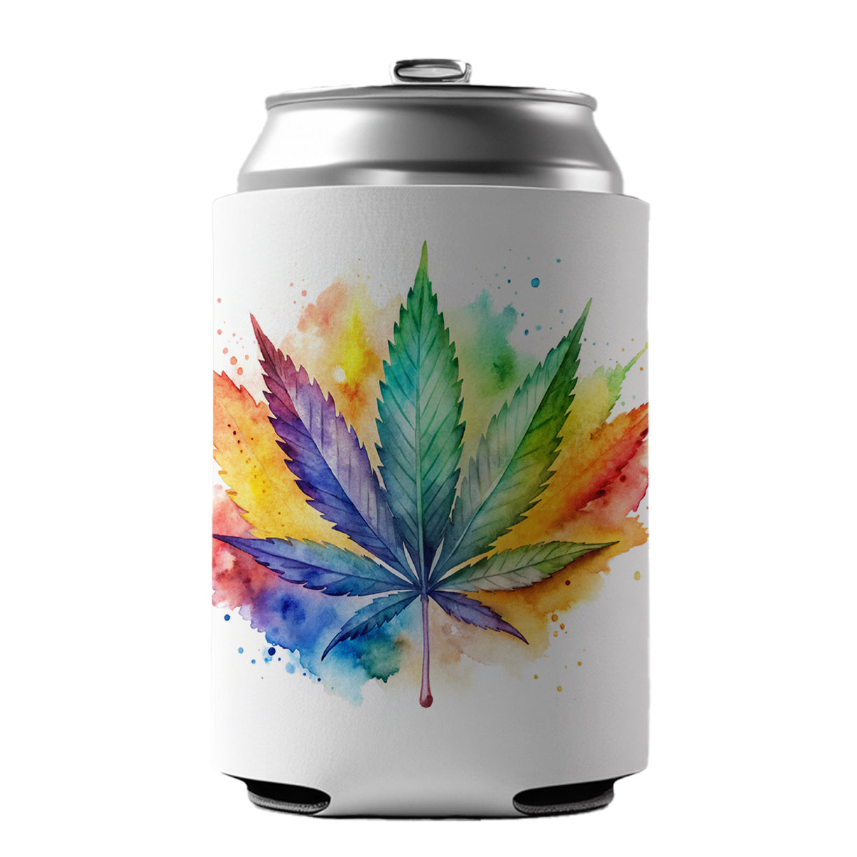 Marijuana Leaf Rainbow Watercolor Can Cooler Beer Soda Drink Insulated Holder Sleeve Hugger