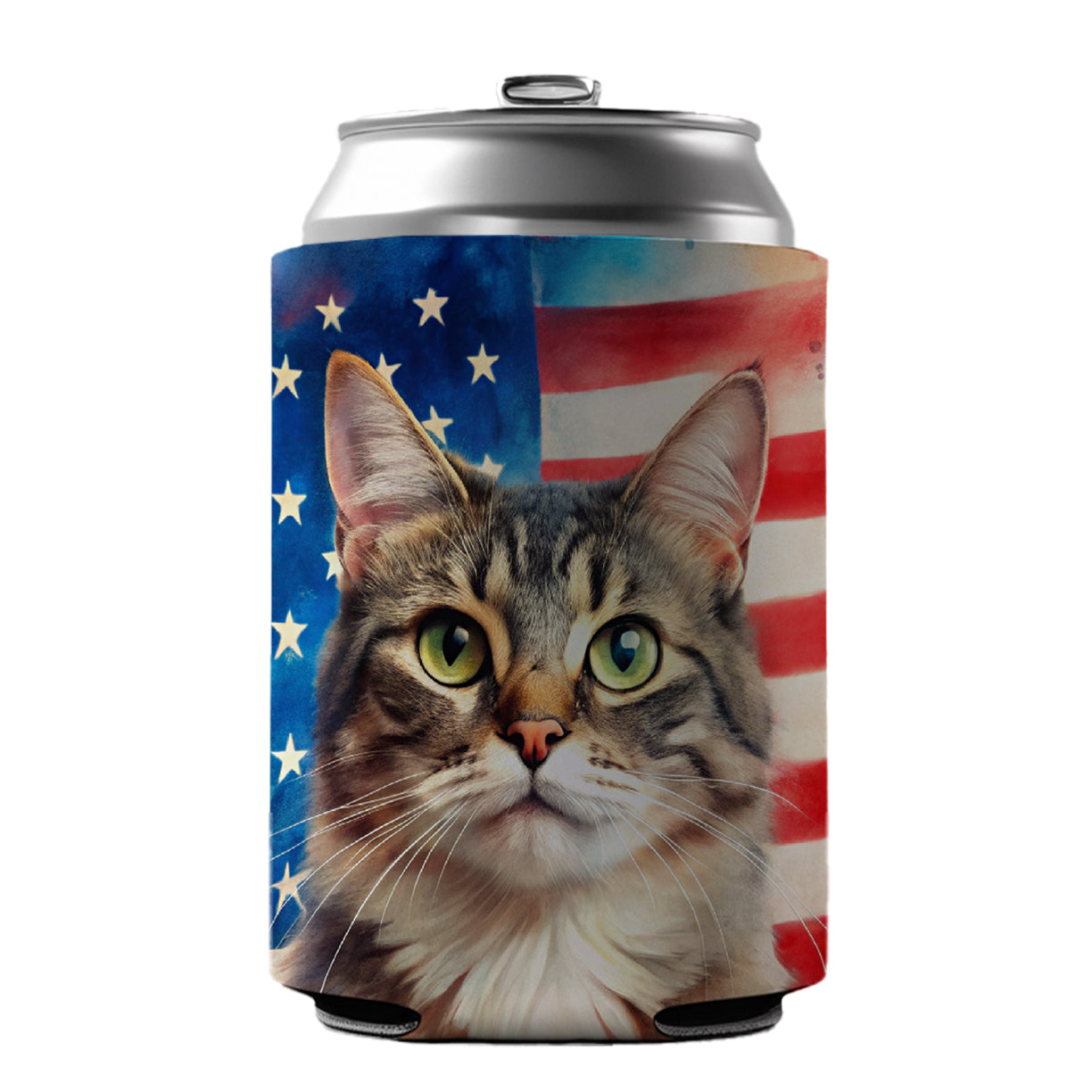 Patriotic Cat Watercolor American Flag Background Can Cooler Beer Soda Drink Insulated Holder Sleeve Hugger
