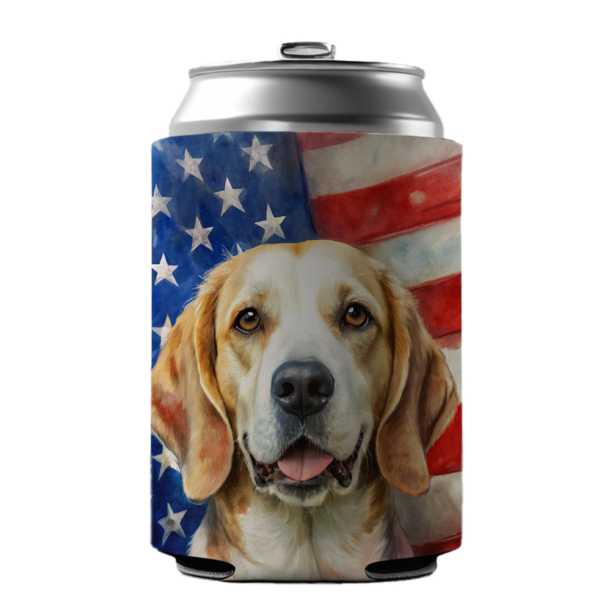 Patriotic Dog Watercolor American Flag Background Can Cooler Beer Soda Drink Insulated Holder Sleeve Hugger