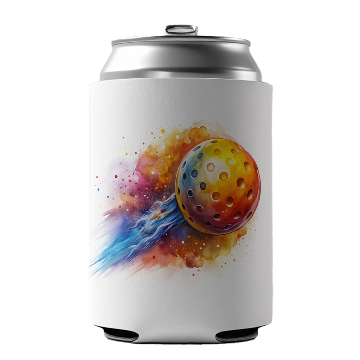 Pickleball Ball Rocketing Through The Air Watercolor Can Cooler Beer Soda Drink Insulated Holder Sleeve Hugger