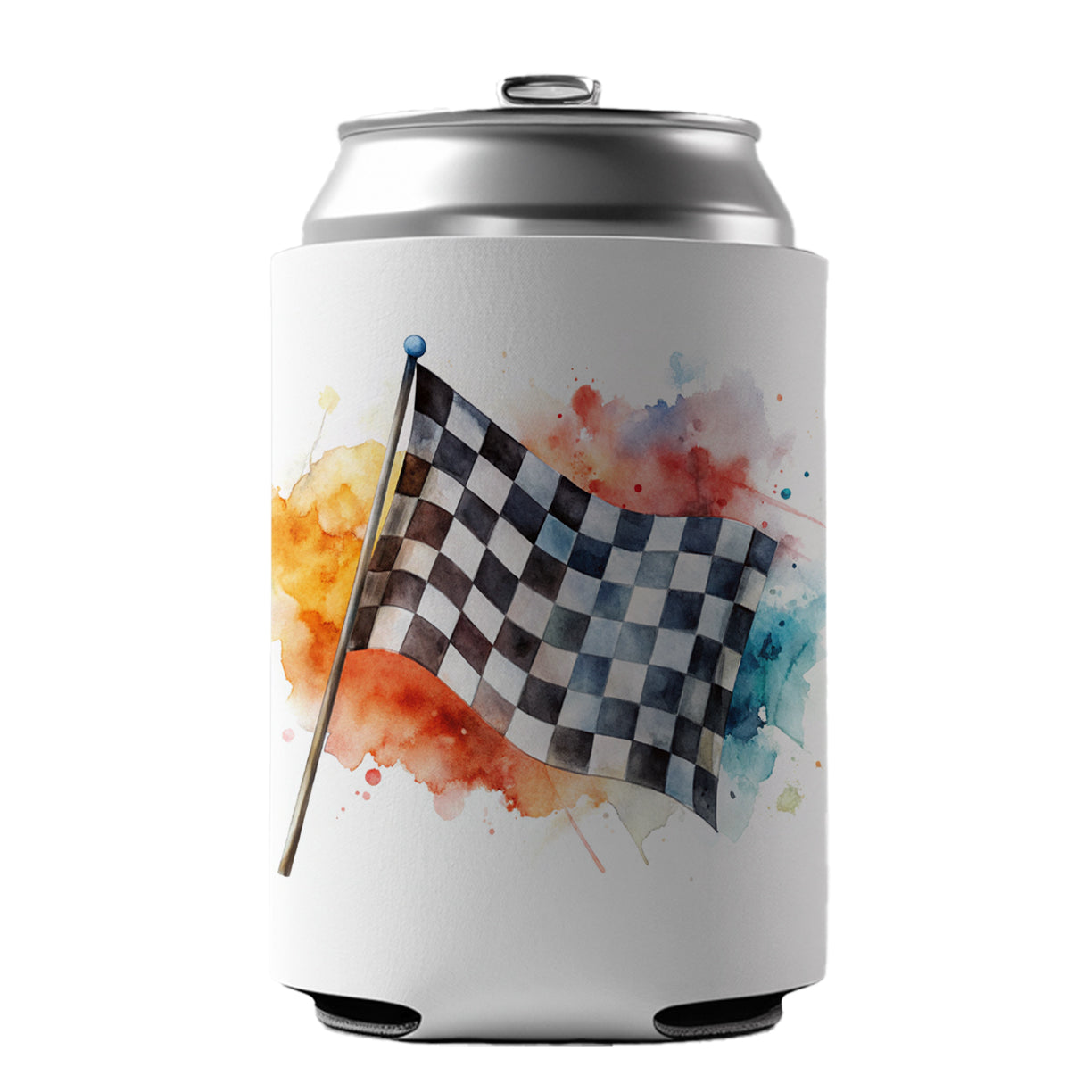 Racing Checkered Flag Watercolor Can Cooler Beer Soda Drink Insulated Holder Sleeve Hugger