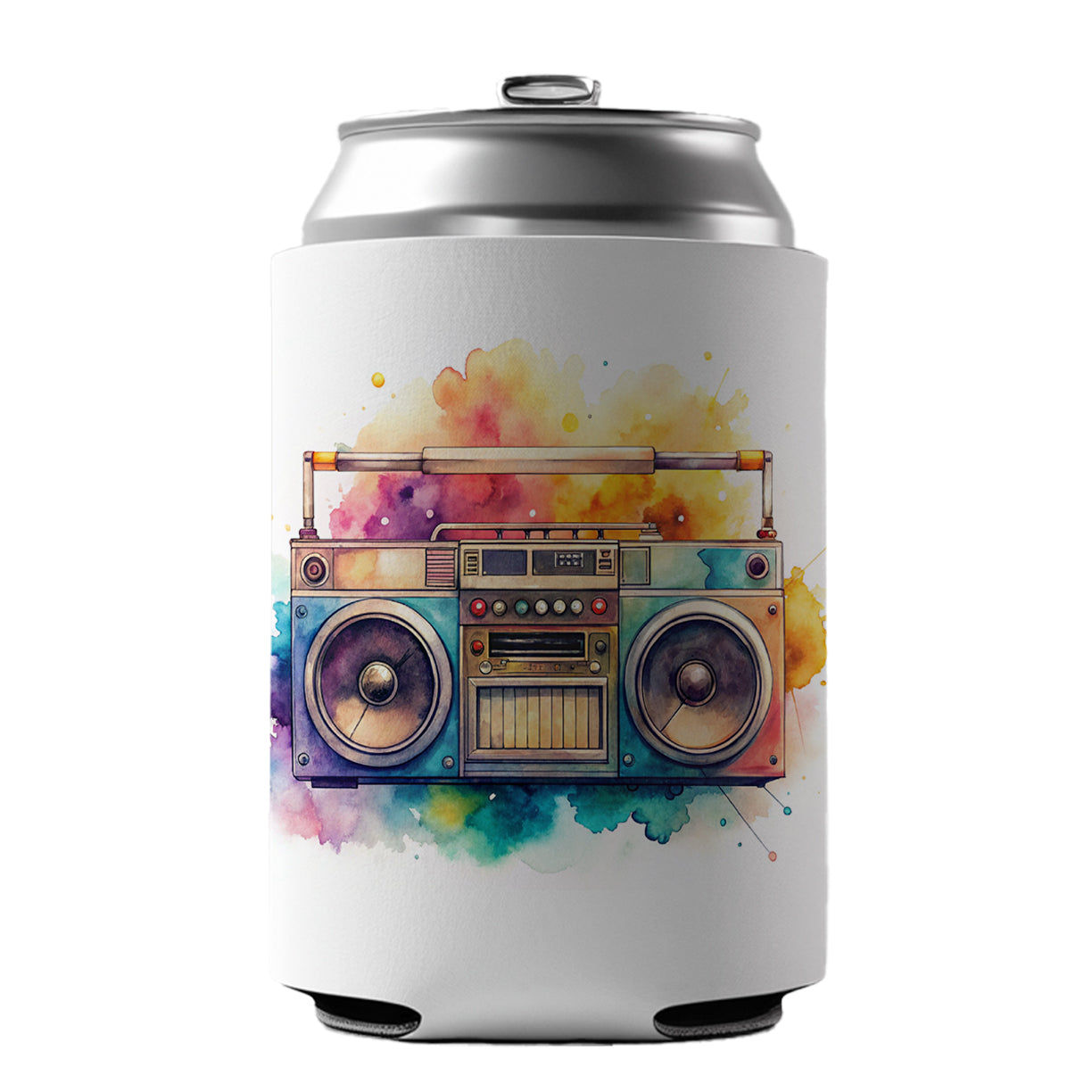 Retro Boom Box Radio Cassette Player Watercolor Can Cooler Beer Soda Drink Insulated Holder Sleeve Hugger