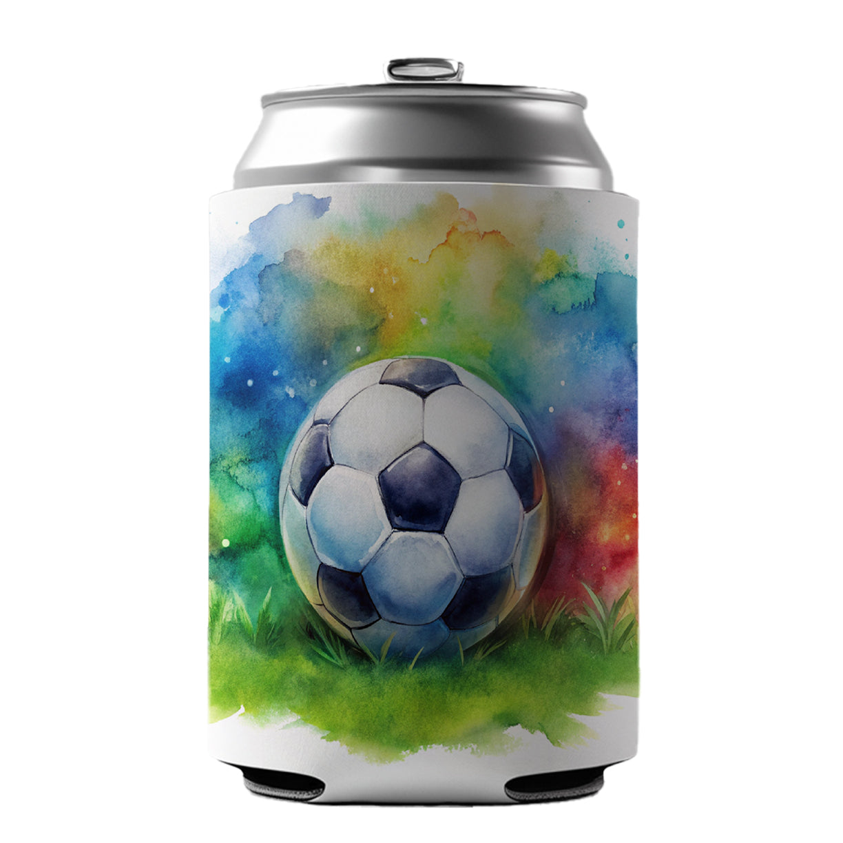 Soccer Ball On Field Watercolor Can Cooler Beer Soda Drink Insulated Holder Sleeve Hugger