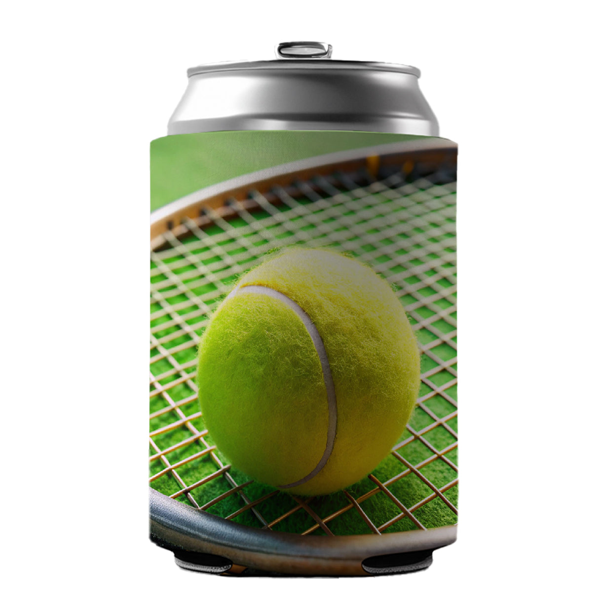 Tennis Racquet and Ball Close-up Can Cooler Beer Soda Drink Insulated Holder Sleeve Hugger