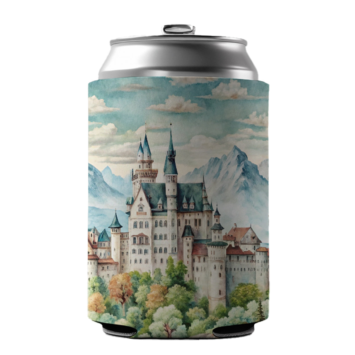 German Castle Watercolor Neuschwanstein Can Cooler Beer Soda Drink Insulated Holder Sleeve Hugger