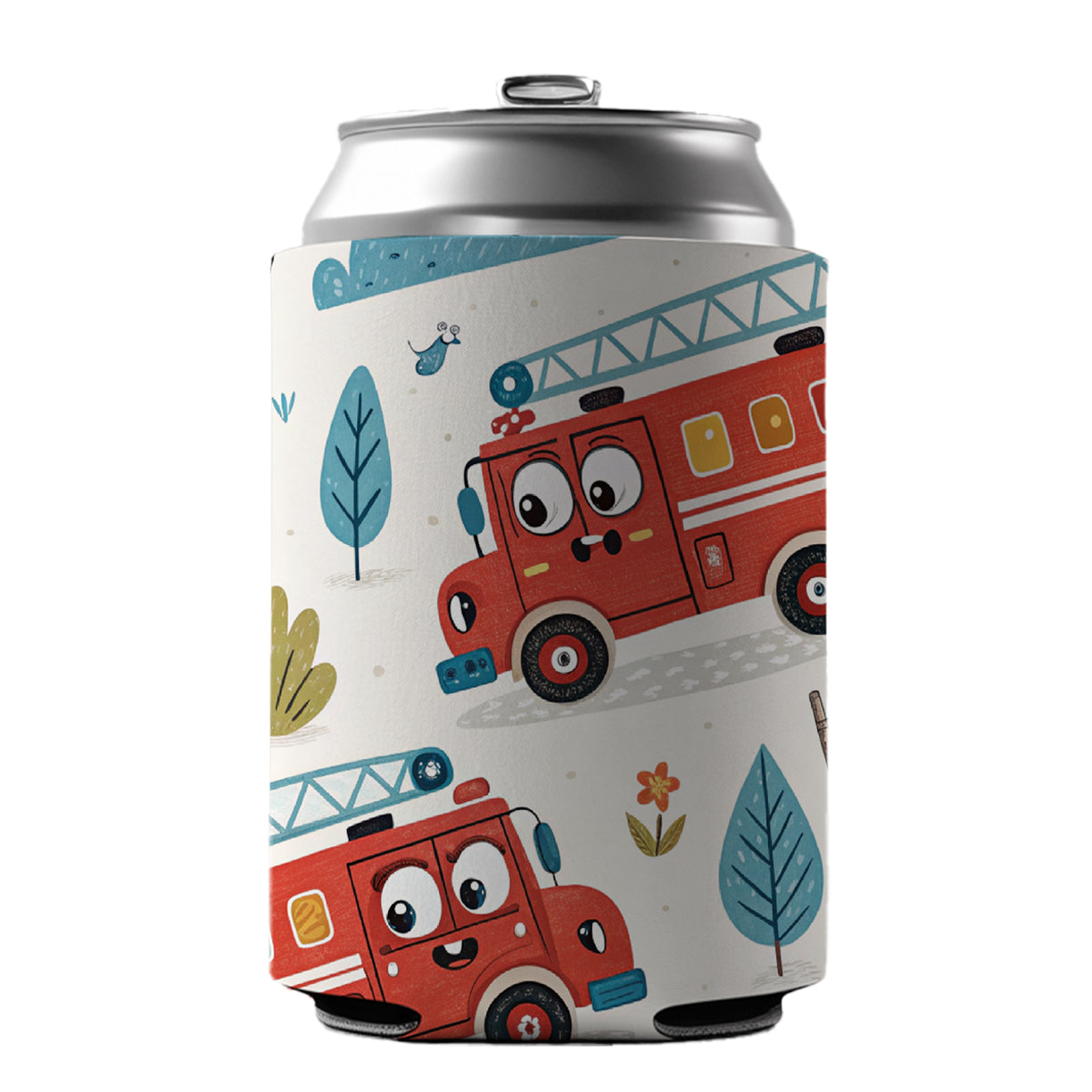 Firetrucks Cartoon Style Can Cooler Beer Soda Drink Insulated Holder Sleeve Hugger