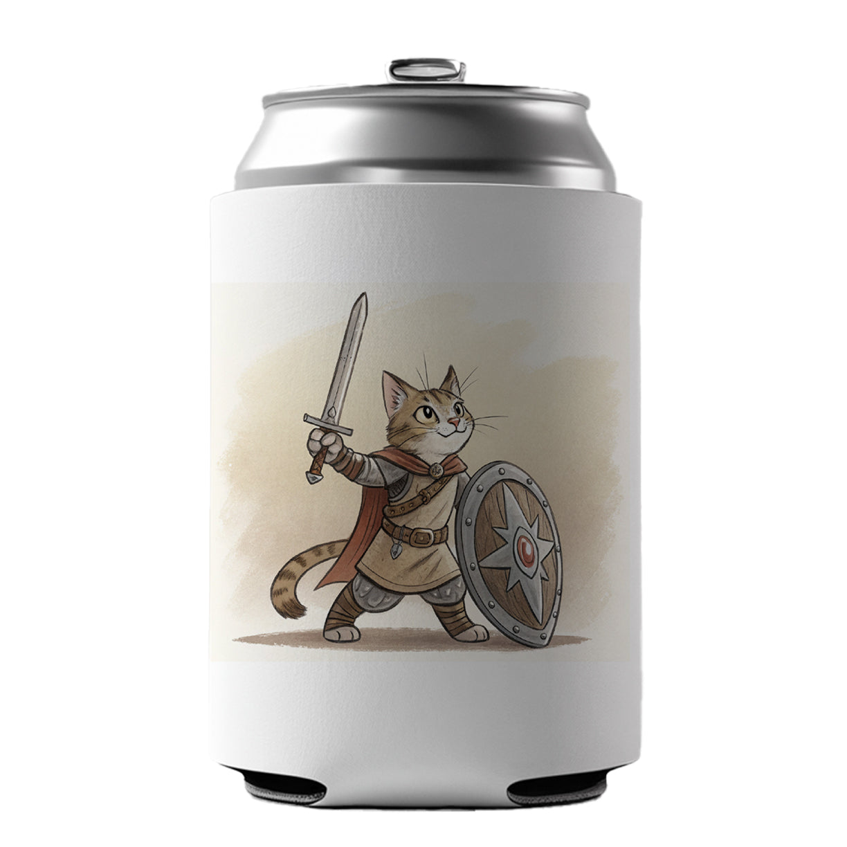 Cat With Sword And Shield Fantasy Medieval Cartoon Can Cooler Beer Soda Drink Insulated Holder Sleeve Hugger