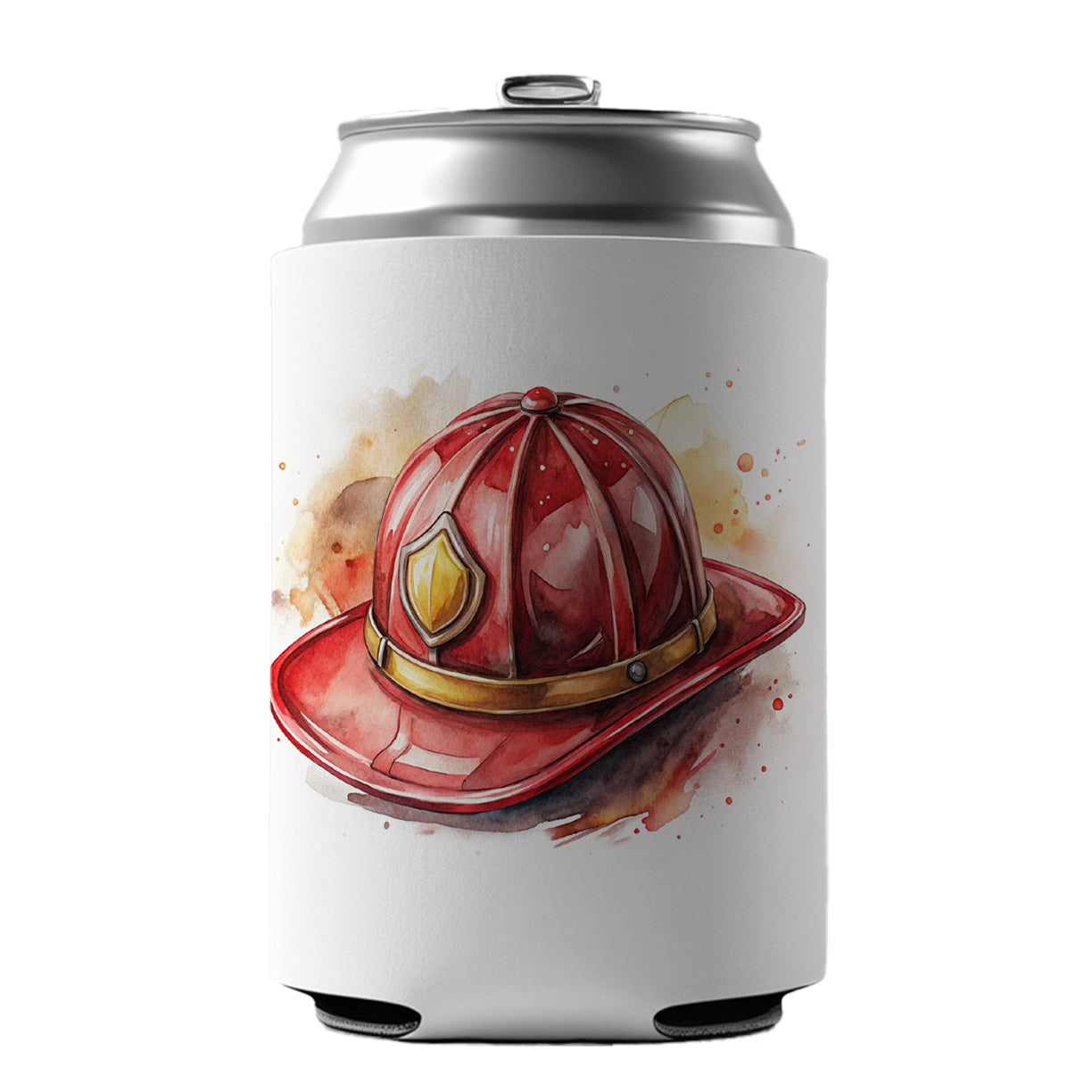 Classic Red Firefighter Fireman Helmet Watercolor Can Cooler Beer Soda Drink Insulated Holder Sleeve Hugger