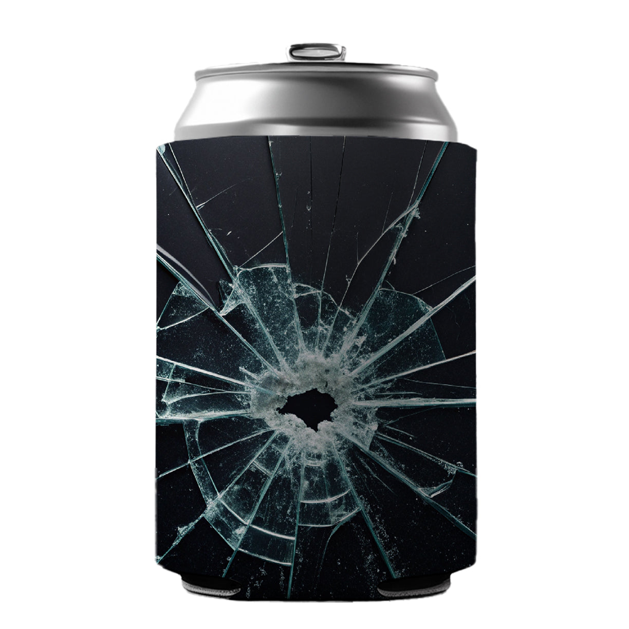 Close-Up Of Broken Pane Of Glass Can Cooler Beer Soda Drink Insulated Holder Sleeve Hugger