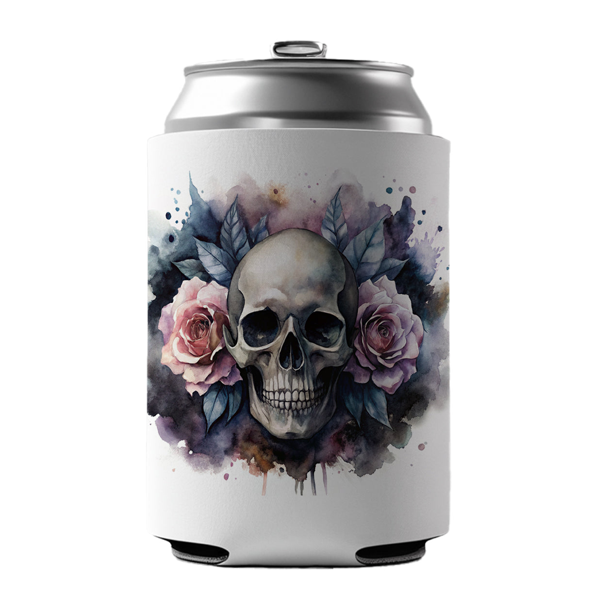 Death Skull Roses Black Watercolor Can Cooler Beer Soda Drink Insulated Holder Sleeve Hugger