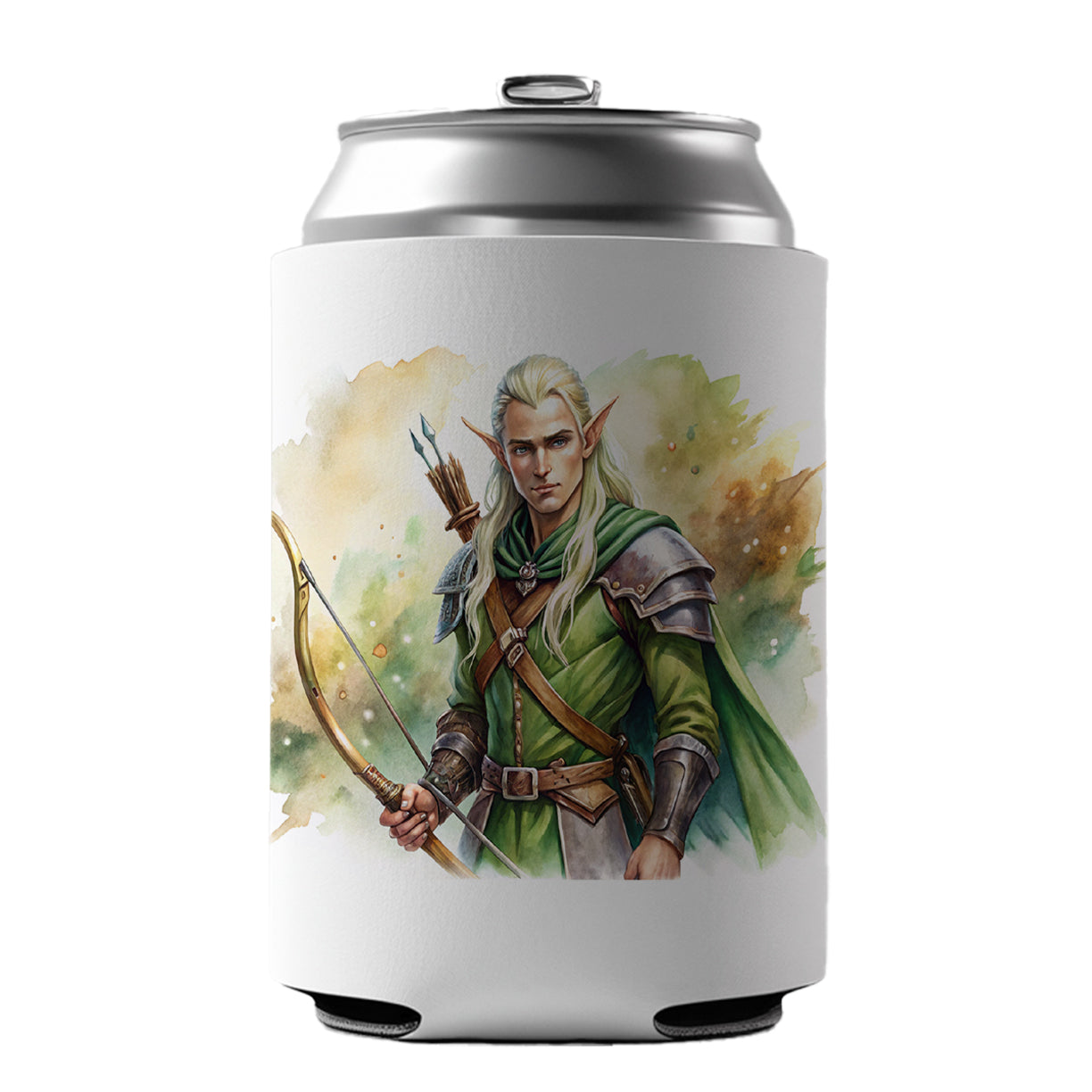 Fantasy Male Elven Ranger Archer Warrior Watercolor Can Cooler Beer Soda Drink Insulated Holder Sleeve Hugger
