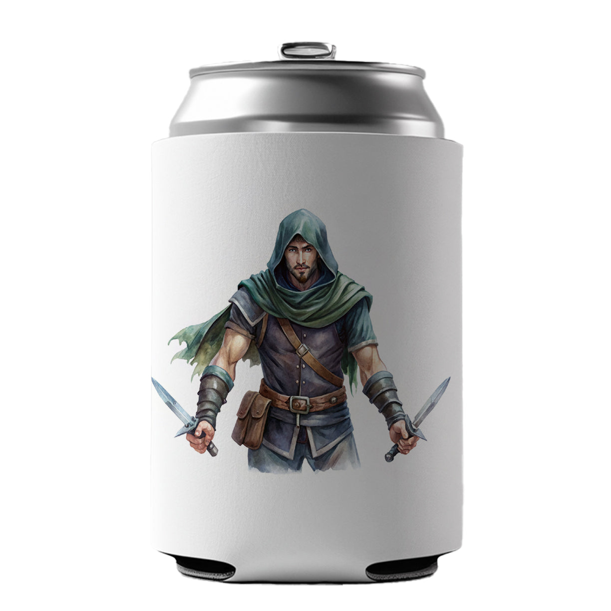 Fantasy Male Thief Rogue with Daggers Watercolor Can Cooler Beer Soda Drink Insulated Holder Sleeve Hugger