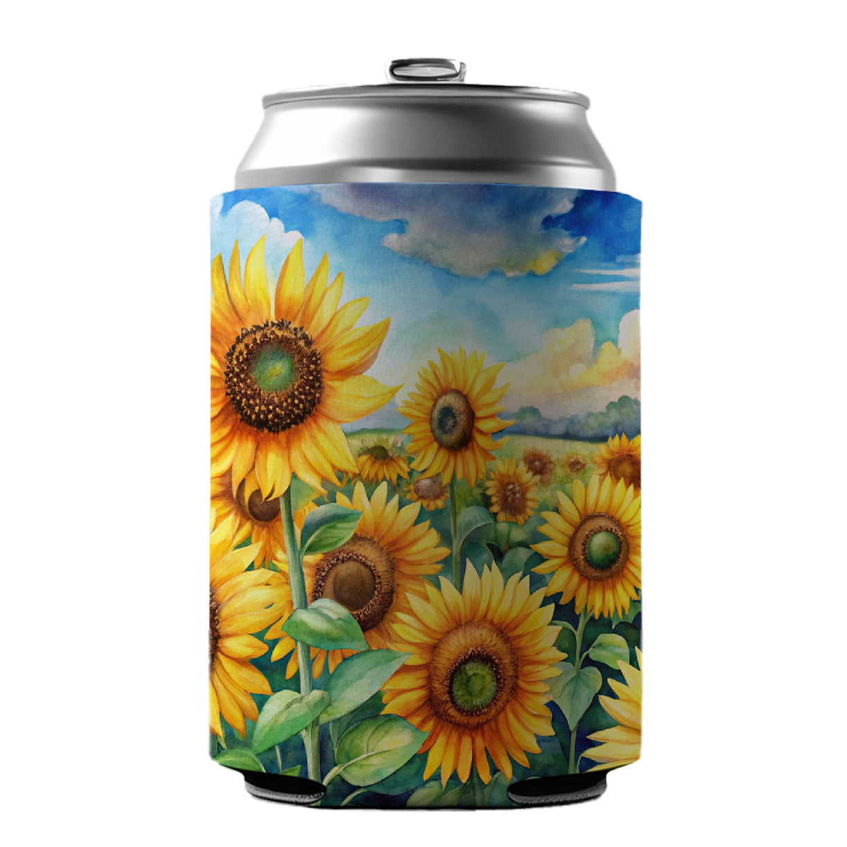 Field Of Sunflowers Watercolor Can Cooler Beer Soda Drink Insulated Holder Sleeve Hugger