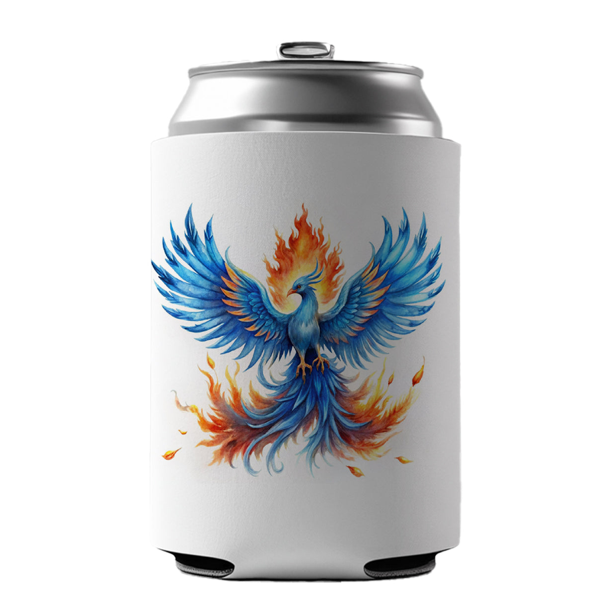 Flaming Blue Phoenix Rising Fantasy Watercolor Can Cooler Beer Soda Drink Insulated Holder Sleeve Hugger