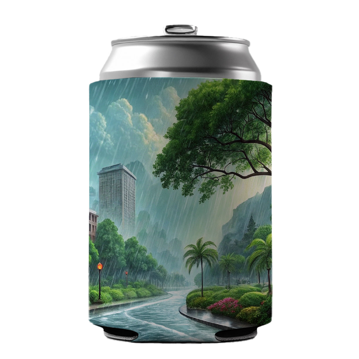 Heavy Monsoon Rain Storm City Landscape Can Cooler Beer Soda Drink Insulated Holder Sleeve Hugger
