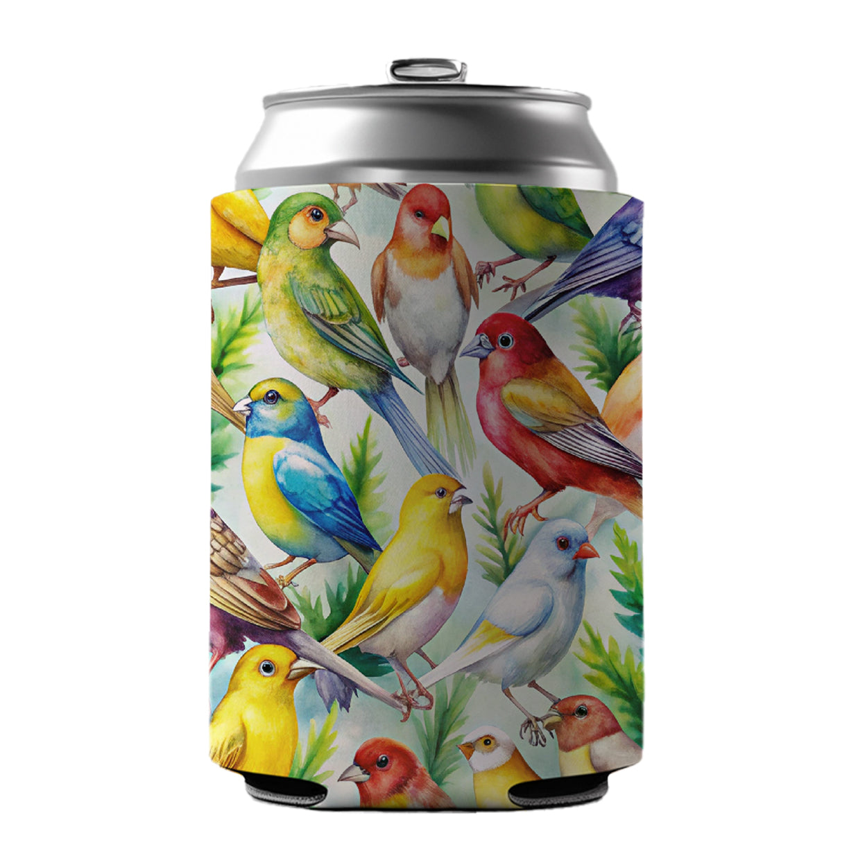 Many Colorful Canary Birds Watercolor Can Cooler Beer Soda Drink Insulated Holder Sleeve Hugger