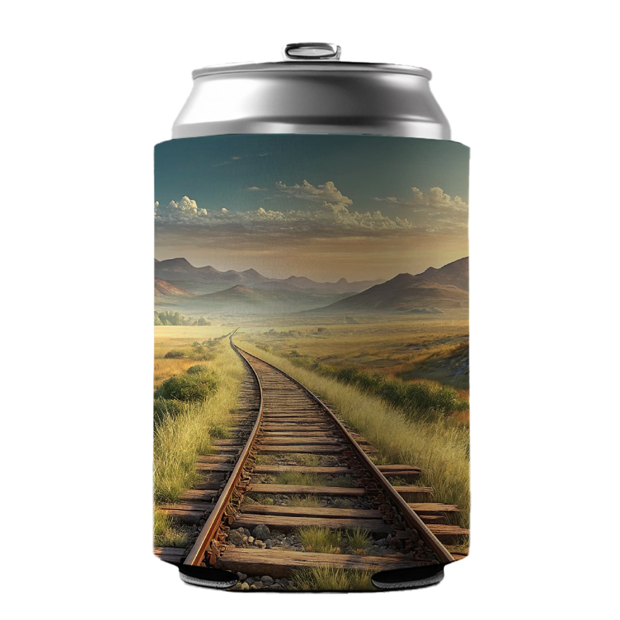 Old Train Tracks Vanishing Into The Distance Can Cooler Beer Soda Drink Insulated Holder Sleeve Hugger