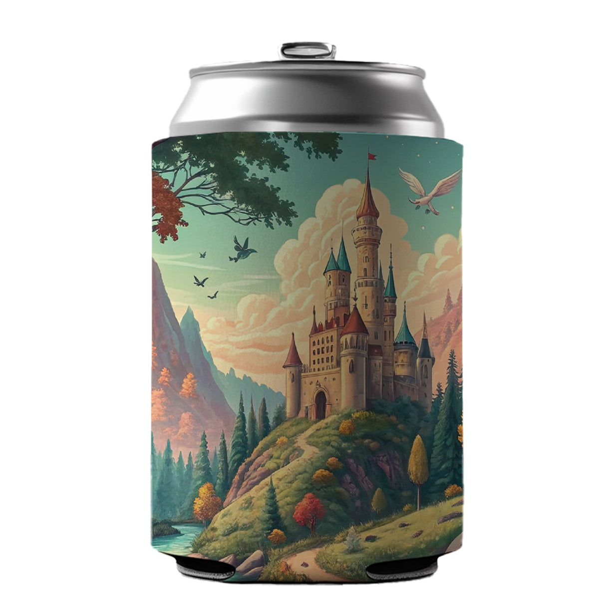 Retro Fantasy Art Castle Kingdom Scene Can Cooler Beer Soda Drink Insulated Holder Sleeve Hugger