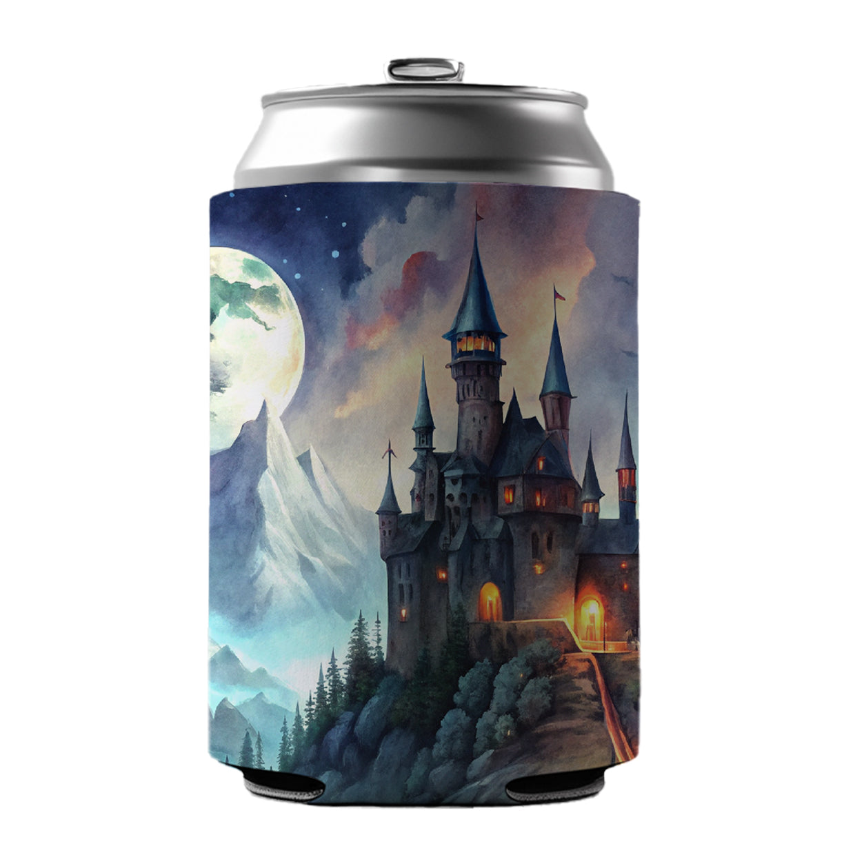 Vampire Castle On Mountain Top Under A Full Moon Can Cooler Beer Soda Drink Insulated Holder Sleeve Hugger