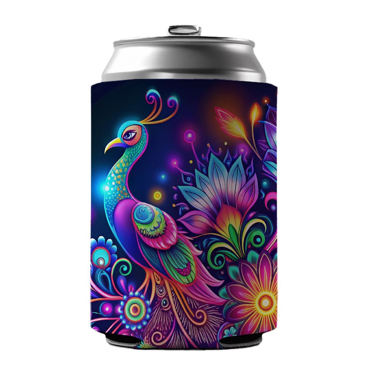 Abstract Neon Peacock Floral Design Can Cooler Beer Soda Drink Insulated Holder Sleeve Hugger