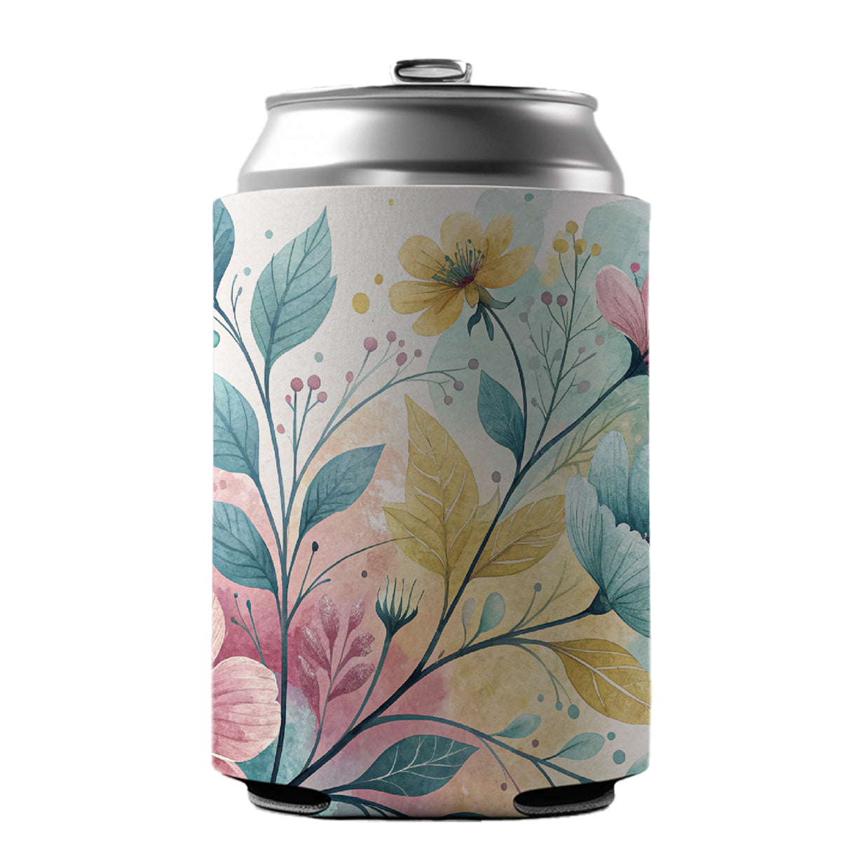 Abstract Pastel Flowers Leaves Design Can Cooler Beer Soda Drink Insulated Holder Sleeve Hugger