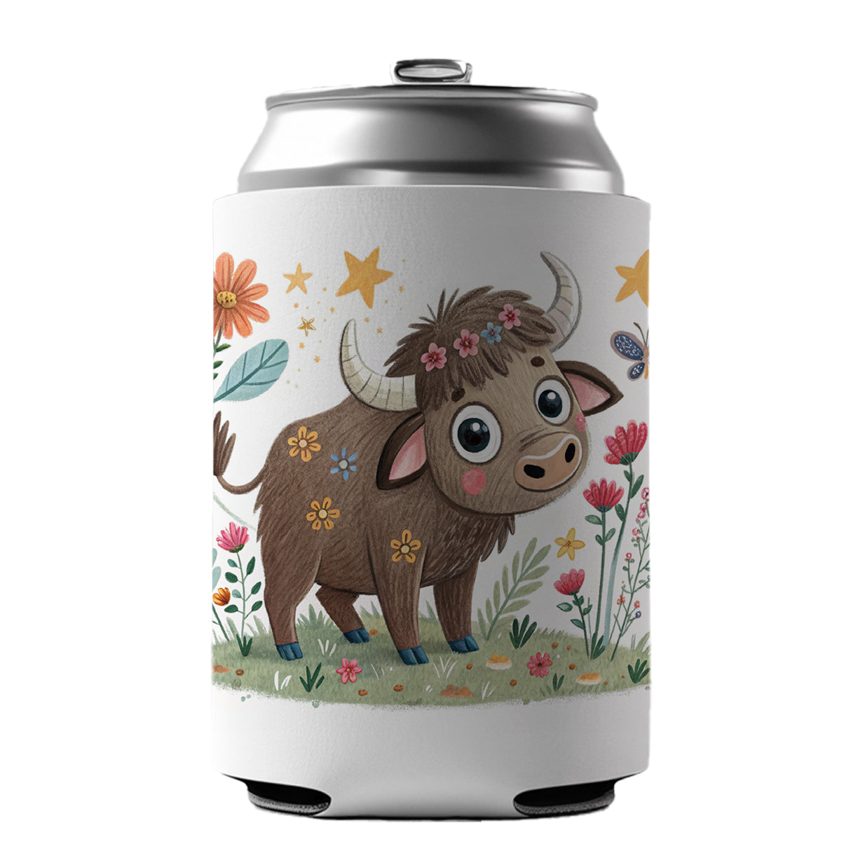 Bison Buffalo Children's Illustration Style Can Cooler Beer Soda Drink Insulated Holder Sleeve Hugger