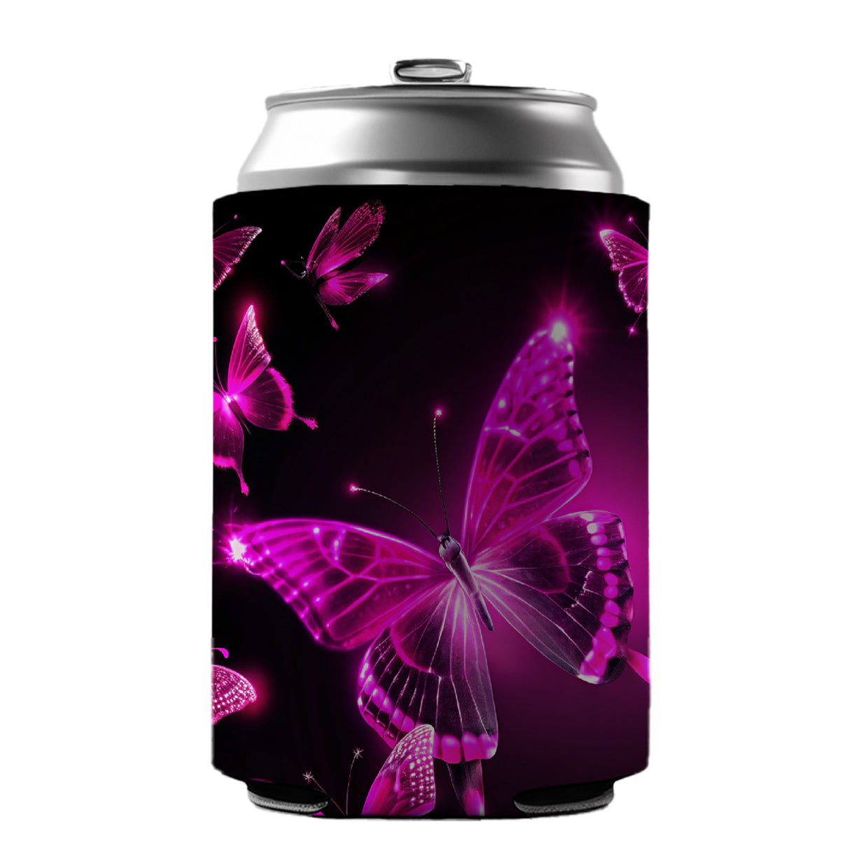 Bright Neon Pink Butterflies Can Cooler Beer Soda Drink Insulated Holder Sleeve Hugger