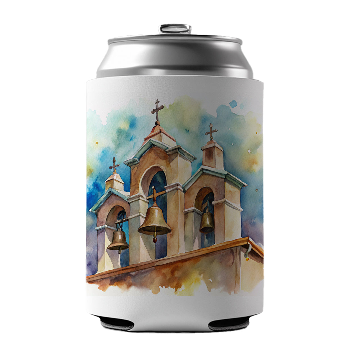 Church Mission Bells Watercolor Can Cooler Beer Soda Drink Insulated Holder Sleeve Hugger