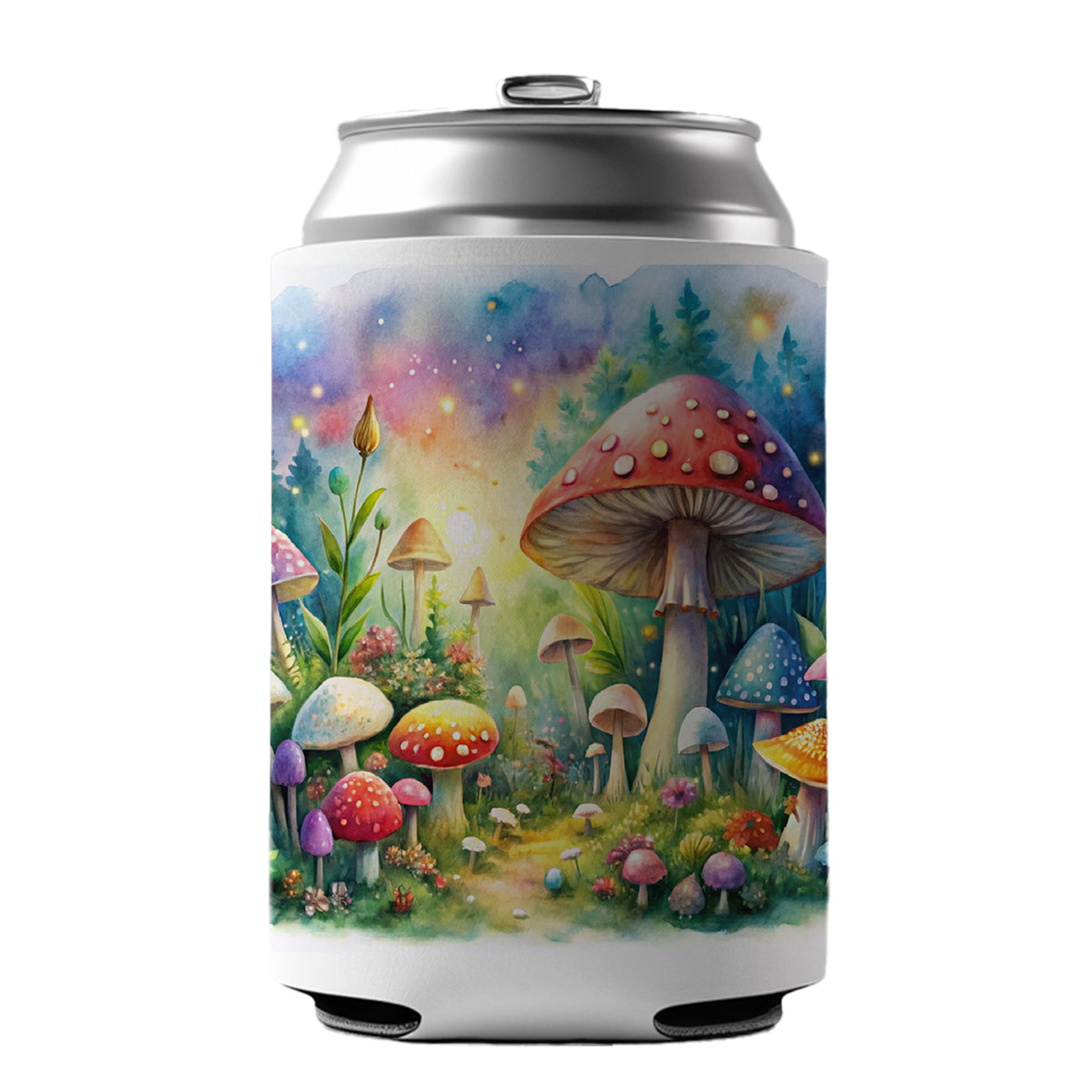 Fantastical Magical Mushroom Garden Watercolor Can Cooler Beer Soda Drink Insulated Holder Sleeve Hugger