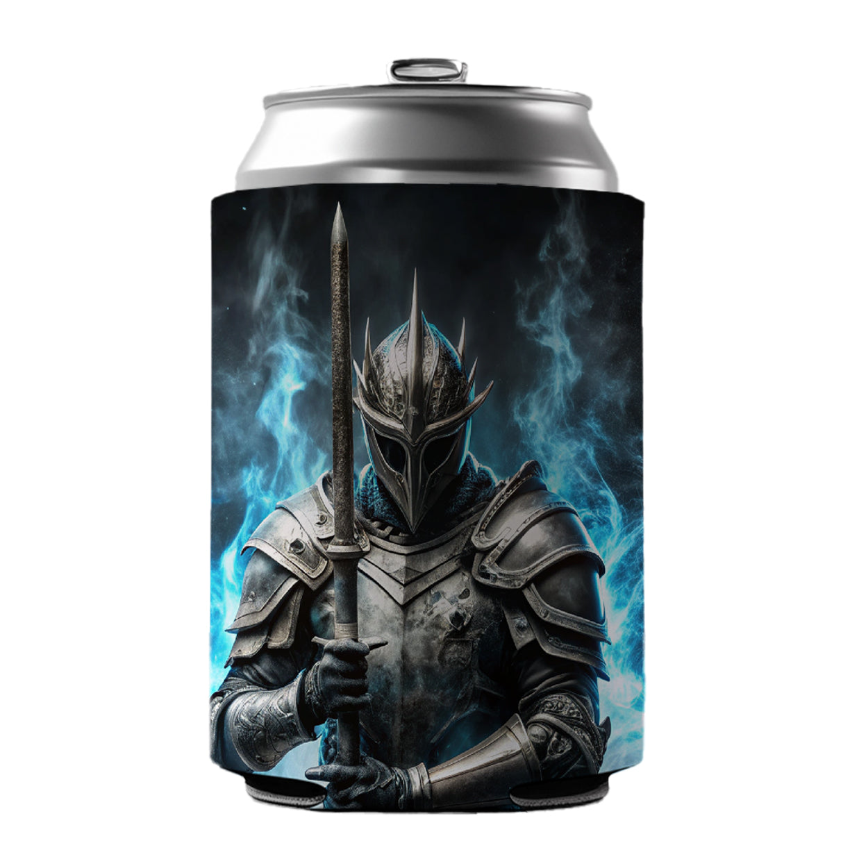 Fantasy Warrior Knight Blue Flames Can Cooler Beer Soda Drink Insulated Holder Sleeve Hugger