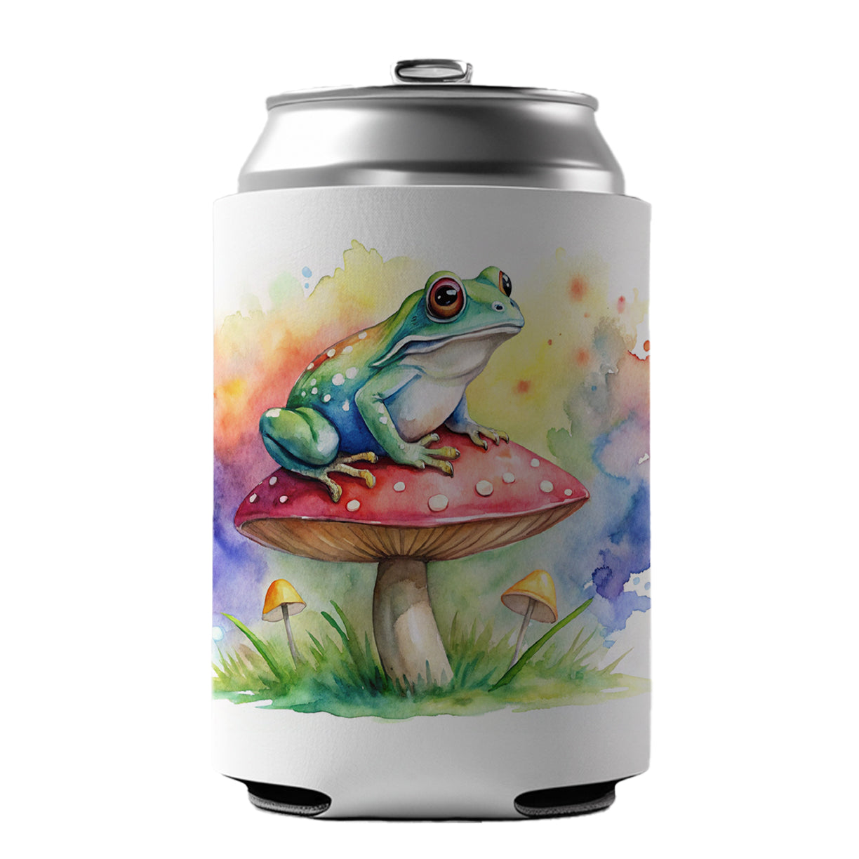 Frog Sitting On A Magical Mushroom Watercolor Can Cooler Beer Soda Drink Insulated Holder Sleeve Hugger