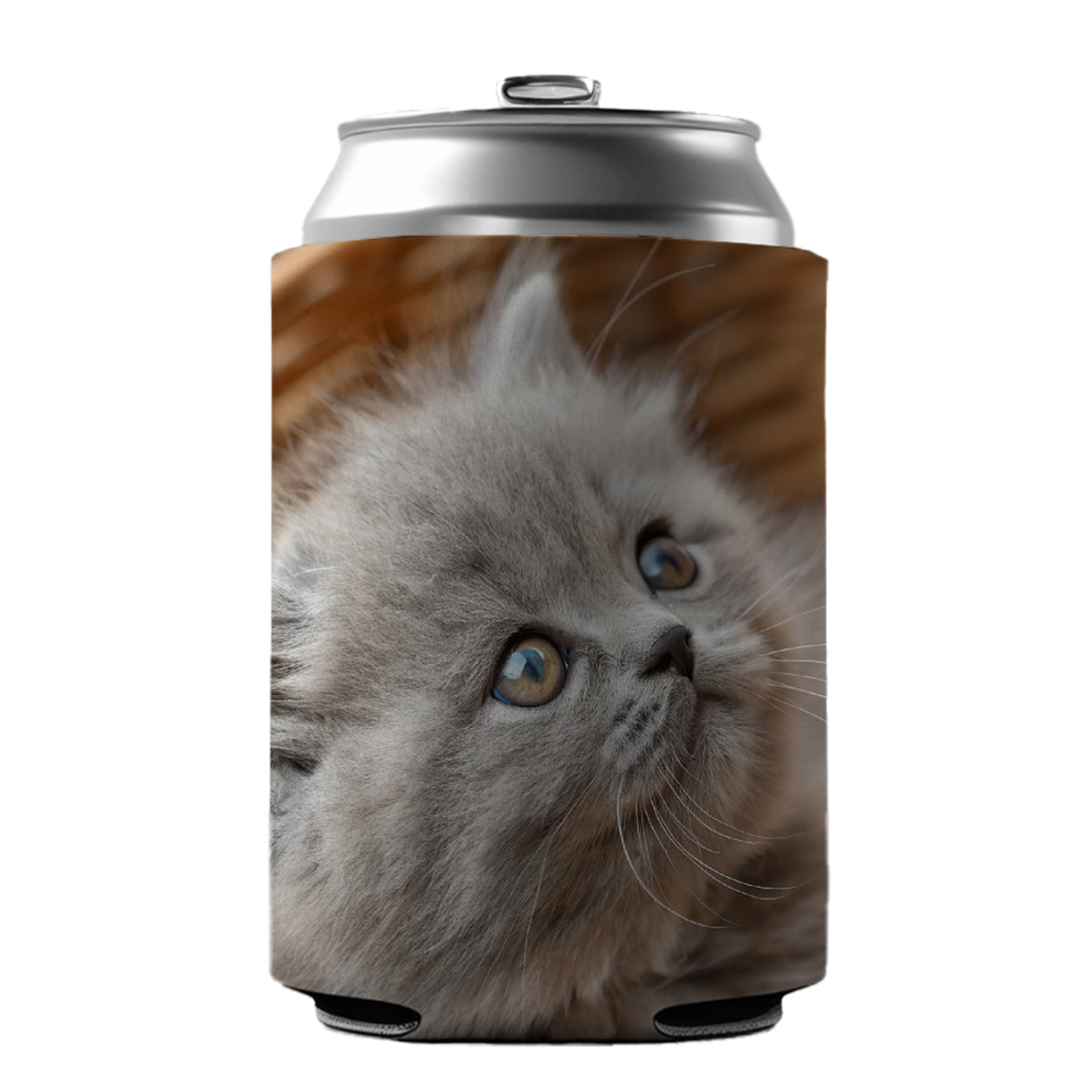 Gray British Longhair Kitten in a Basket Can Cooler Beer Soda Drink Insulated Holder Sleeve Hugger