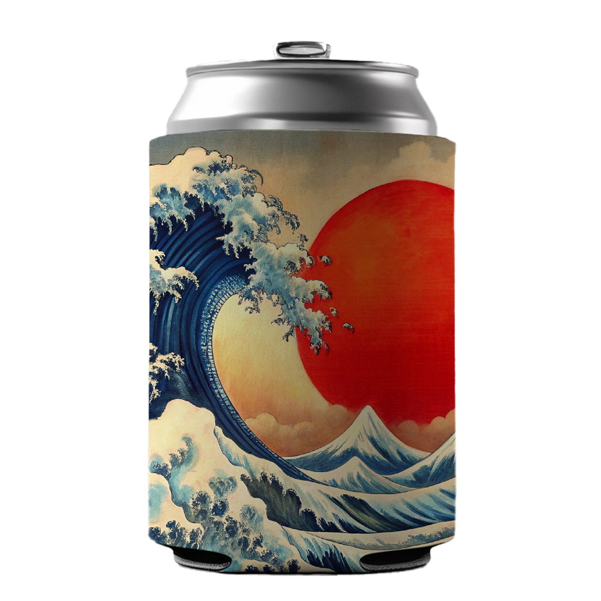 Japanese Blue Ocean Waves Large Red Sun Ink Painting Can Cooler Beer Soda Drink Insulated Holder Sleeve Hugger