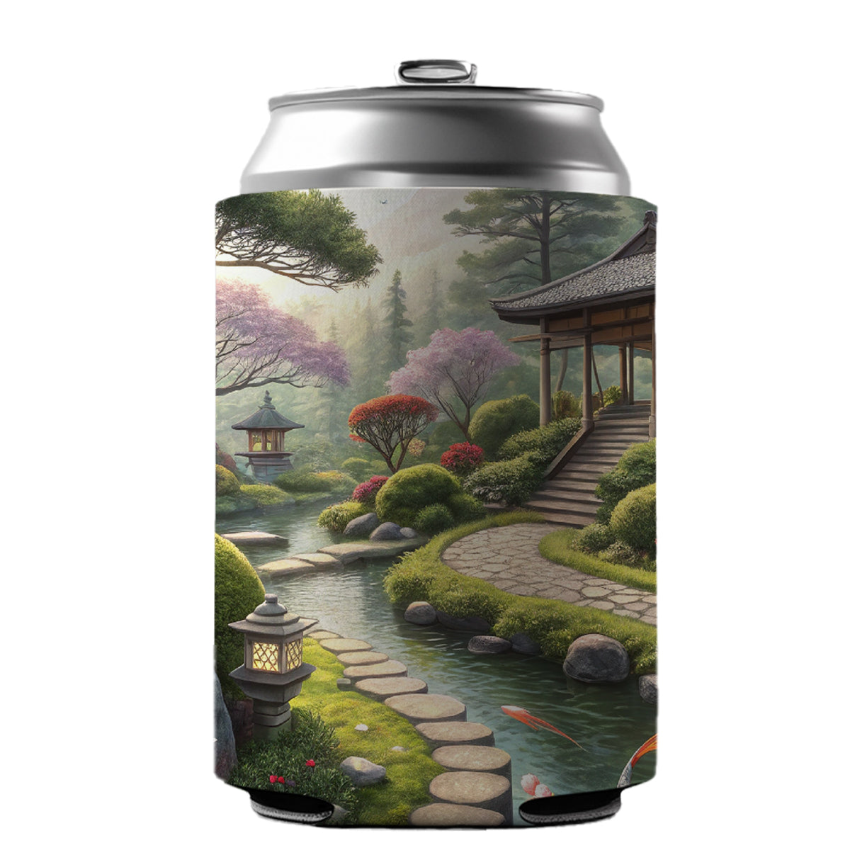 Japanese Garden with Koi Can Cooler Beer Soda Drink Insulated Holder Sleeve Hugger