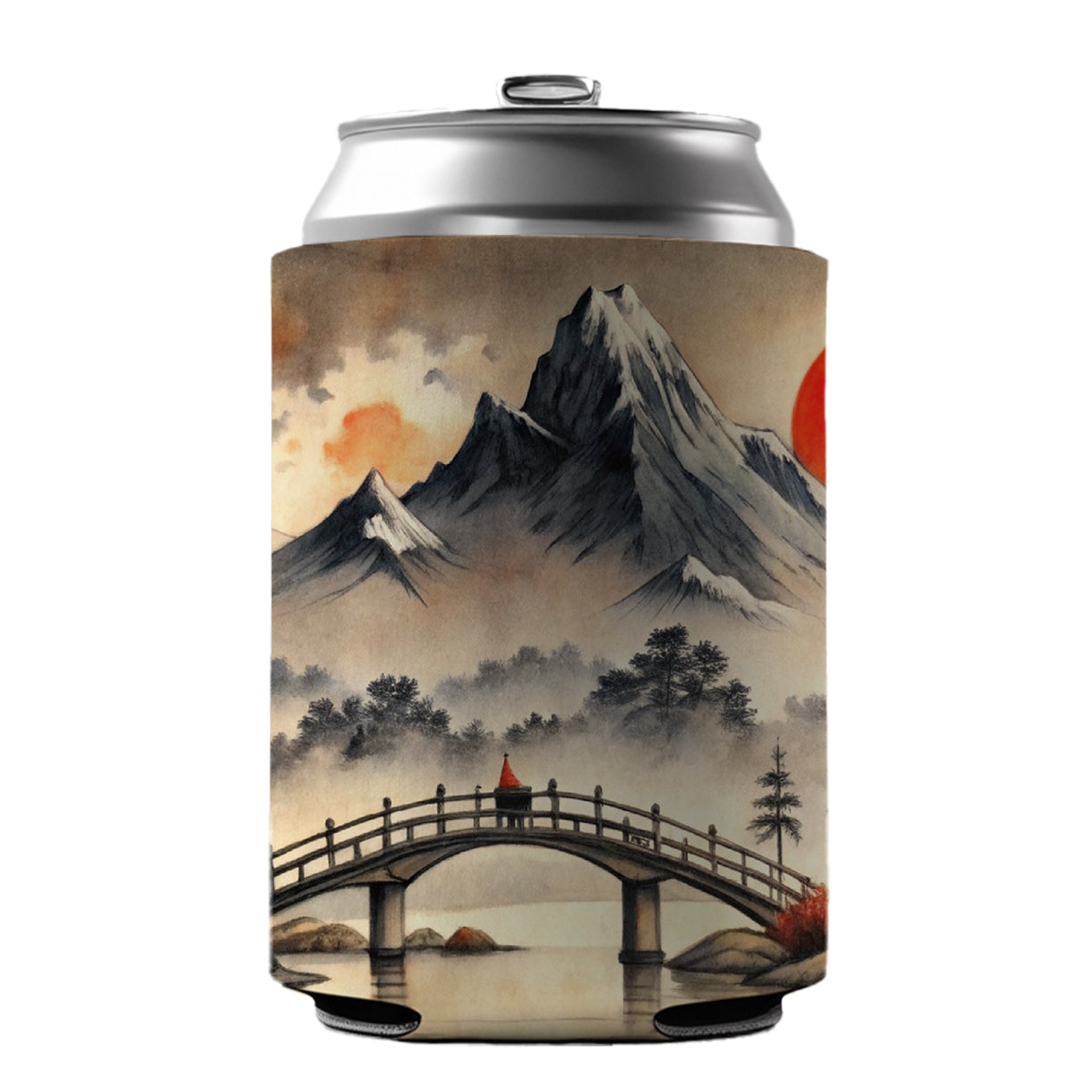 Japanese Style Ink Painting Bridge Over Water Landscape Can Cooler Beer Soda Drink Insulated Holder Sleeve Hugger
