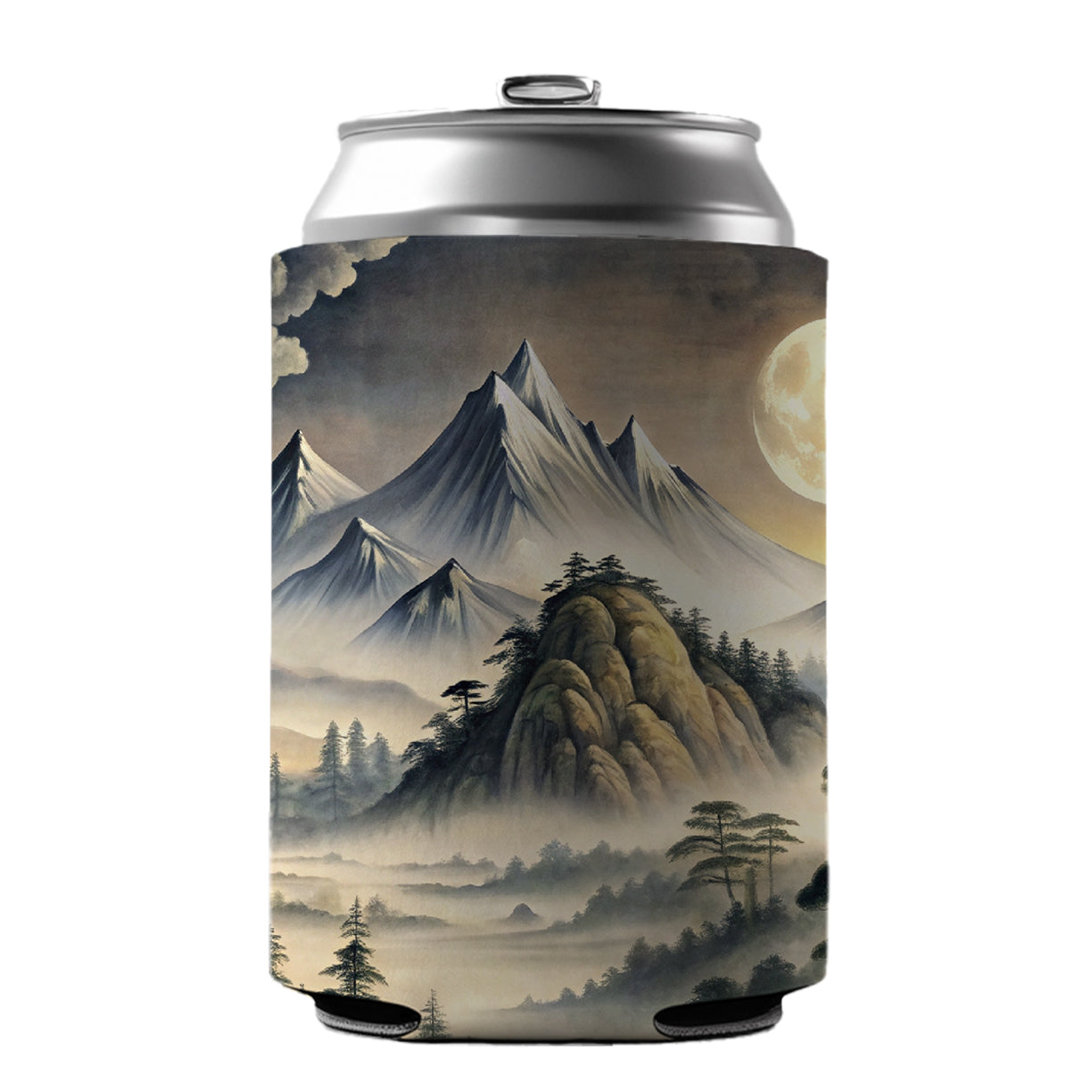 Japanese Style Ink Painting Landscape Misty Mountains Large Moon Can Cooler Beer Soda Drink Insulated Holder Sleeve Hugger