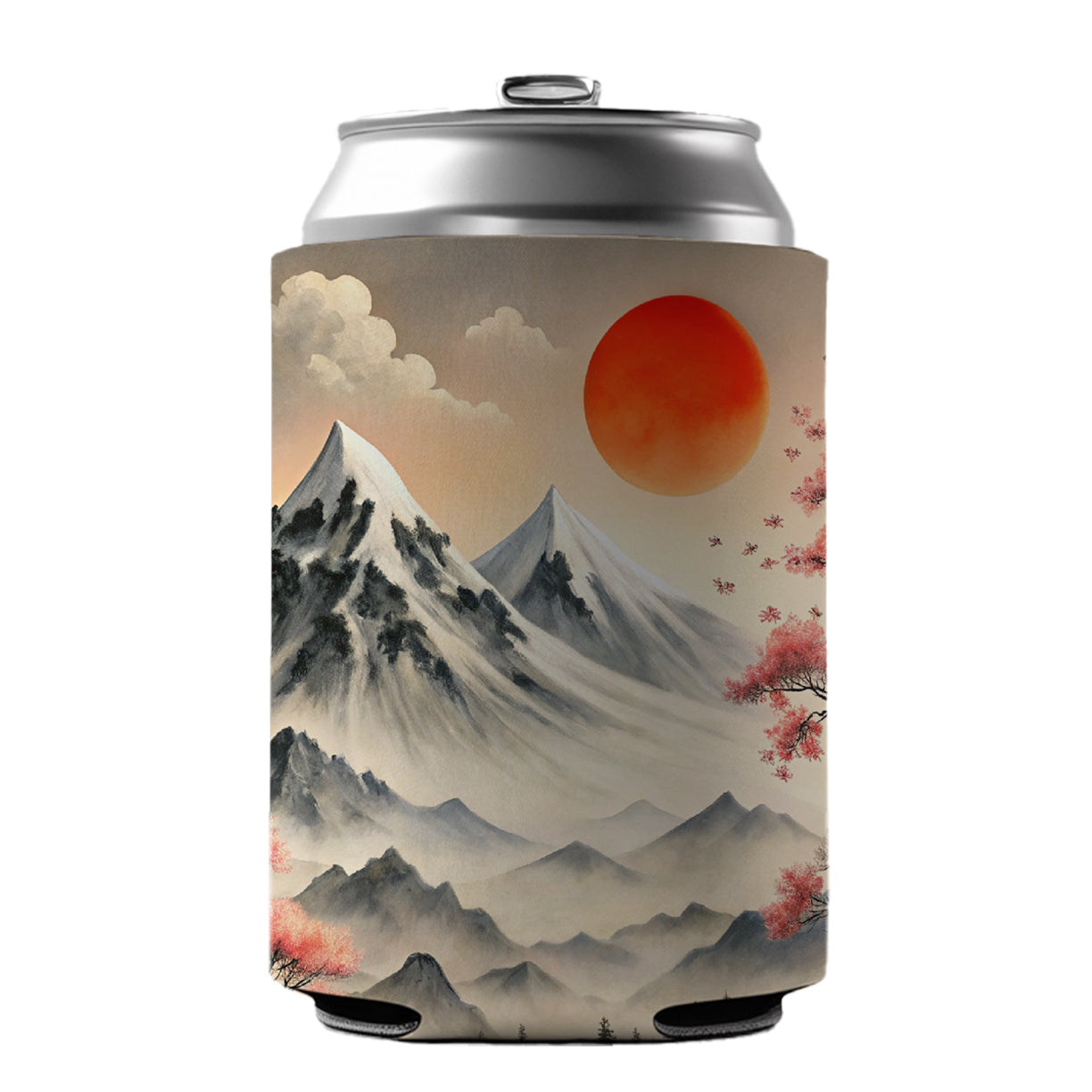 Japanese Style Ink Painting Landscape Mountains Under Red Sun Can Cooler Beer Soda Drink Insulated Holder Sleeve Hugger