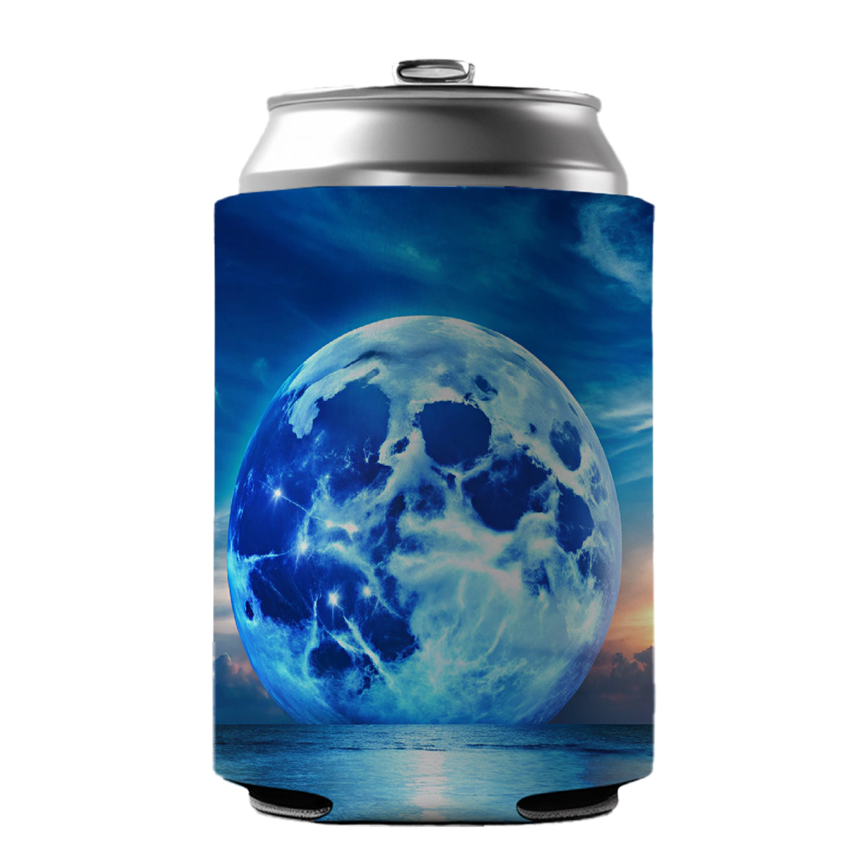 Large Blue Moon Over The Ocean Horizon Can Cooler Beer Soda Drink Insulated Holder Sleeve Hugger