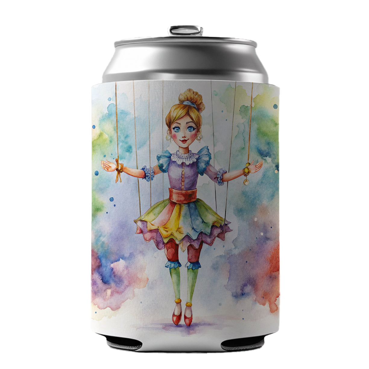 Marionette Puppet on Strings Watercolor Can Cooler Beer Soda Drink Insulated Holder Sleeve Hugger