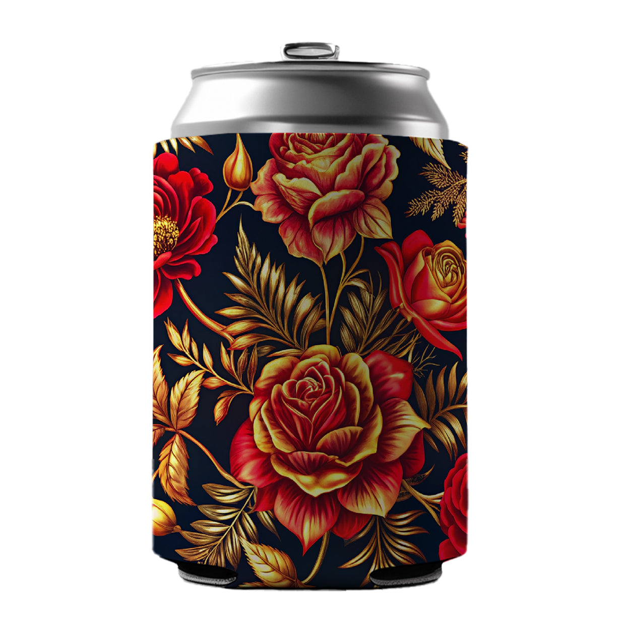 Neon Red And Gold Rose Floral Pattern Can Cooler Beer Soda Drink Insulated Holder Sleeve Hugger