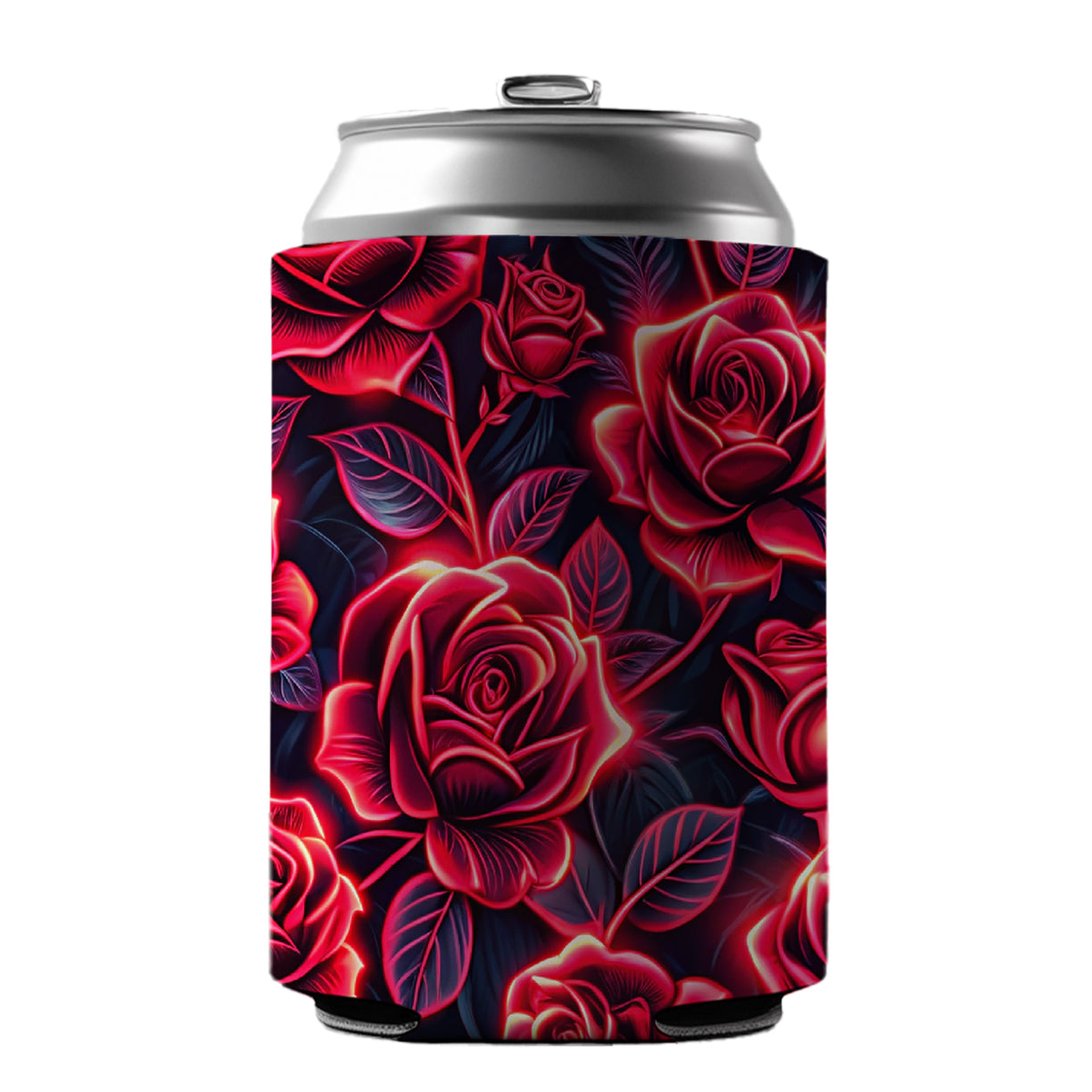 Neon Red Rose Floral Pattern Can Cooler Beer Soda Drink Insulated Holder Sleeve Hugger