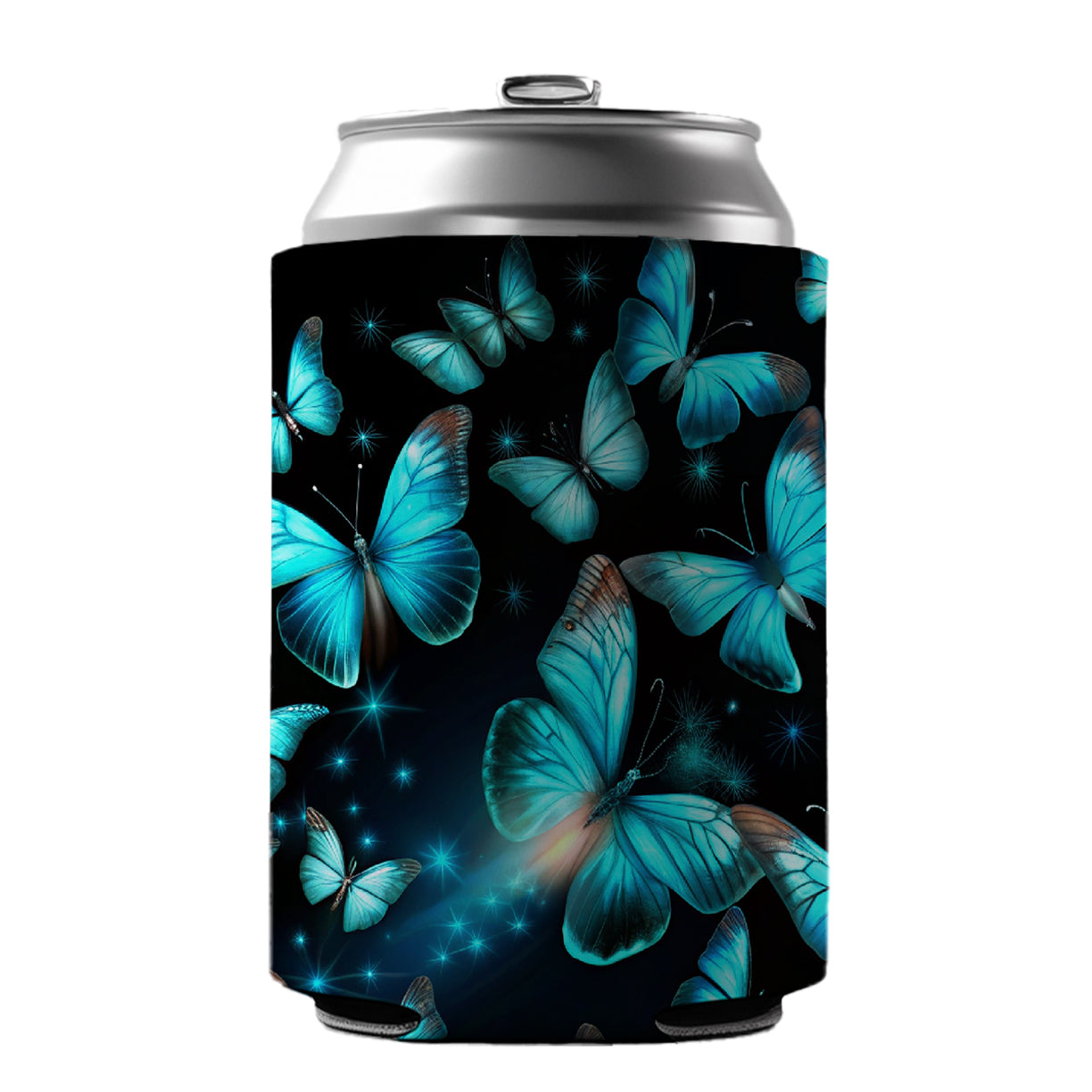 Neon Teal Blue Butterflies Can Cooler Beer Soda Drink Insulated Holder Sleeve Hugger