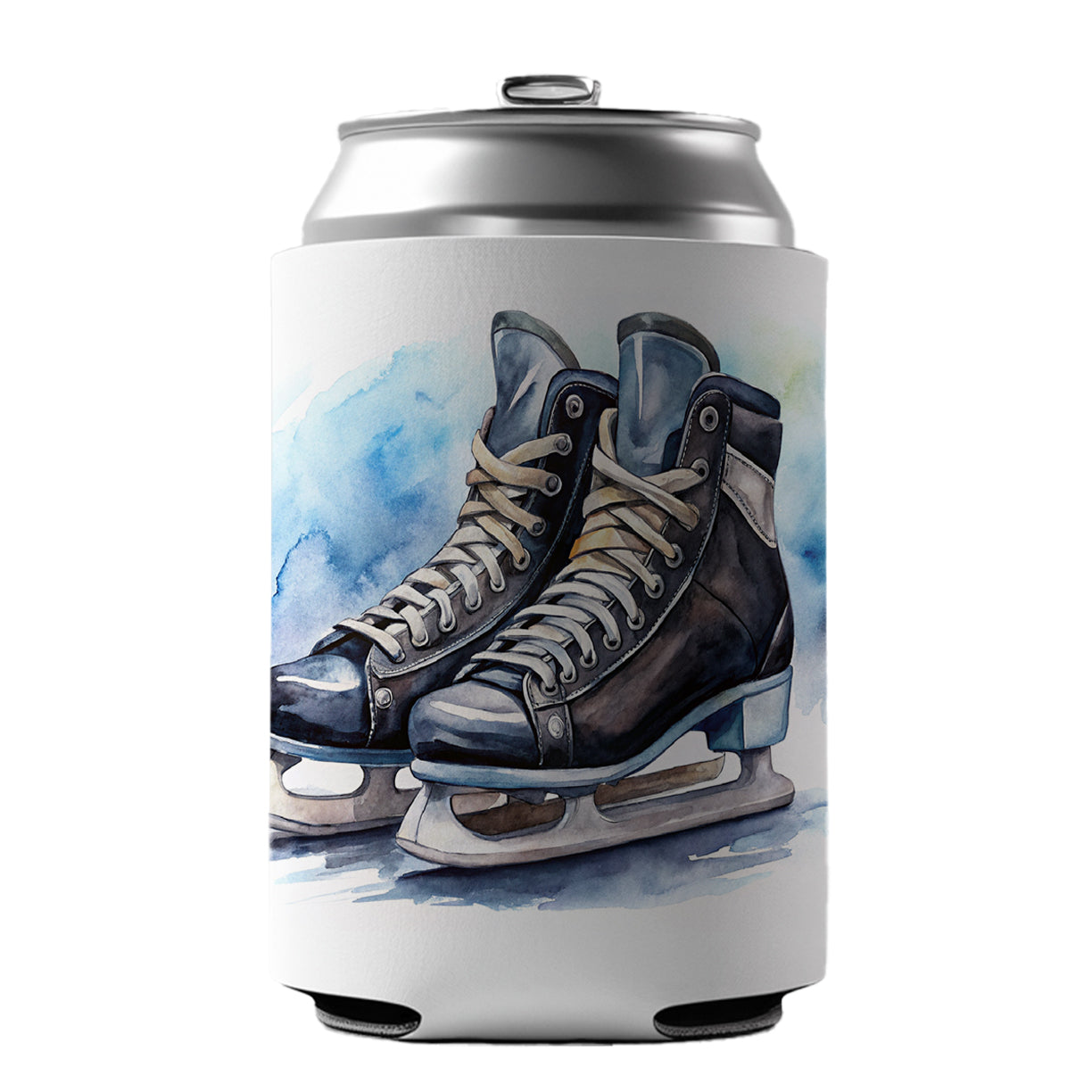 Pair Of Hockey Ice Skates Watercolor Can Cooler Beer Soda Drink Insulated Holder Sleeve Hugger