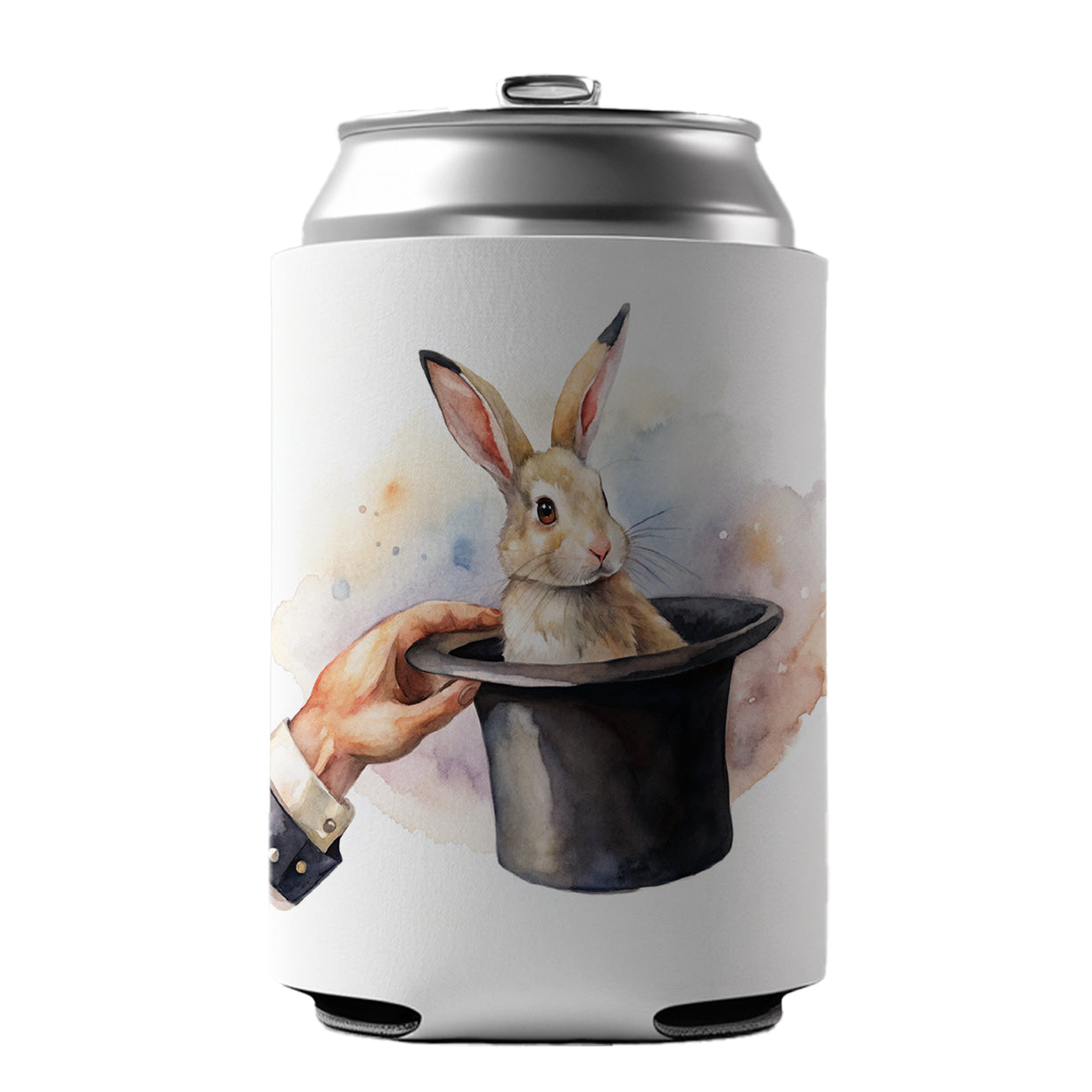 Rabbit Being Pulled Out Of A Magician's Hat Can Cooler Beer Soda Drink Insulated Holder Sleeve Hugger