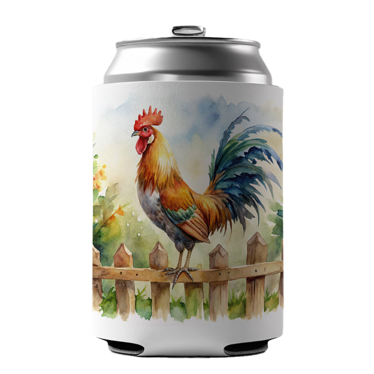 Rooster On Fence Watercolor Can Cooler Beer Soda Drink Insulated Holder Sleeve Hugger