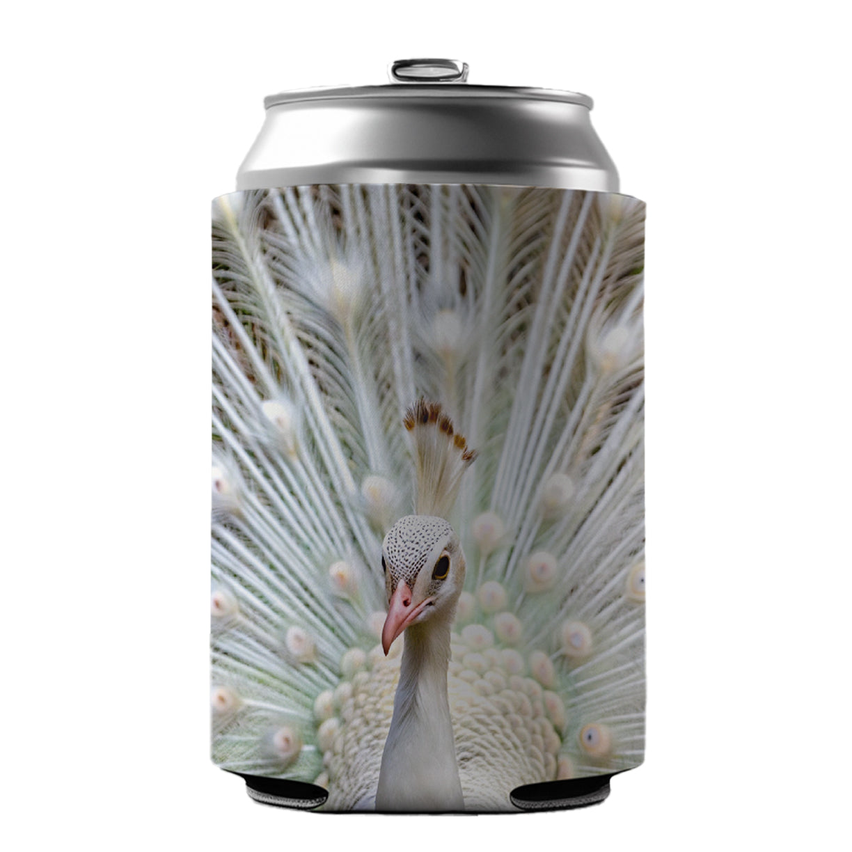 White Peacock Can Cooler Beer Soda Drink Insulated Holder Sleeve Hugger