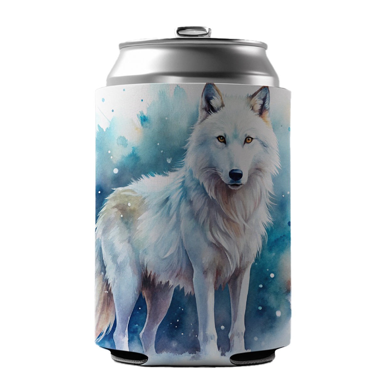 White Wolf Watercolor Can Cooler Beer Soda Drink Insulated Holder Sleeve Hugger